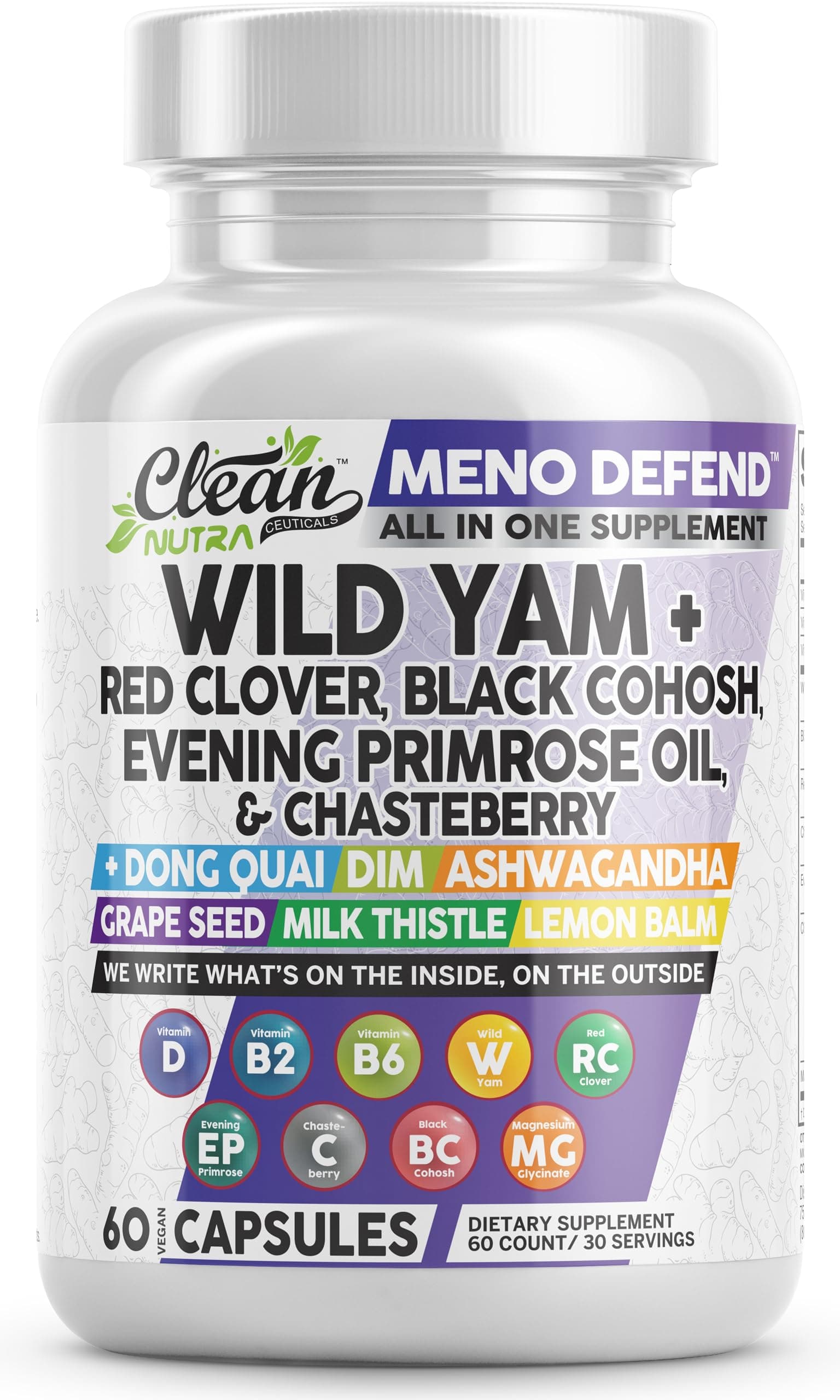 Clean Nutra Wild Yam Root Capsules with Red Clover Black Cohosh Evening Primrose Oil Chasteberry Dong Quai DIM Ashwagandha Grape Seed Extract Milk Thistle Lemon Balm and more Hormone Balance For Women