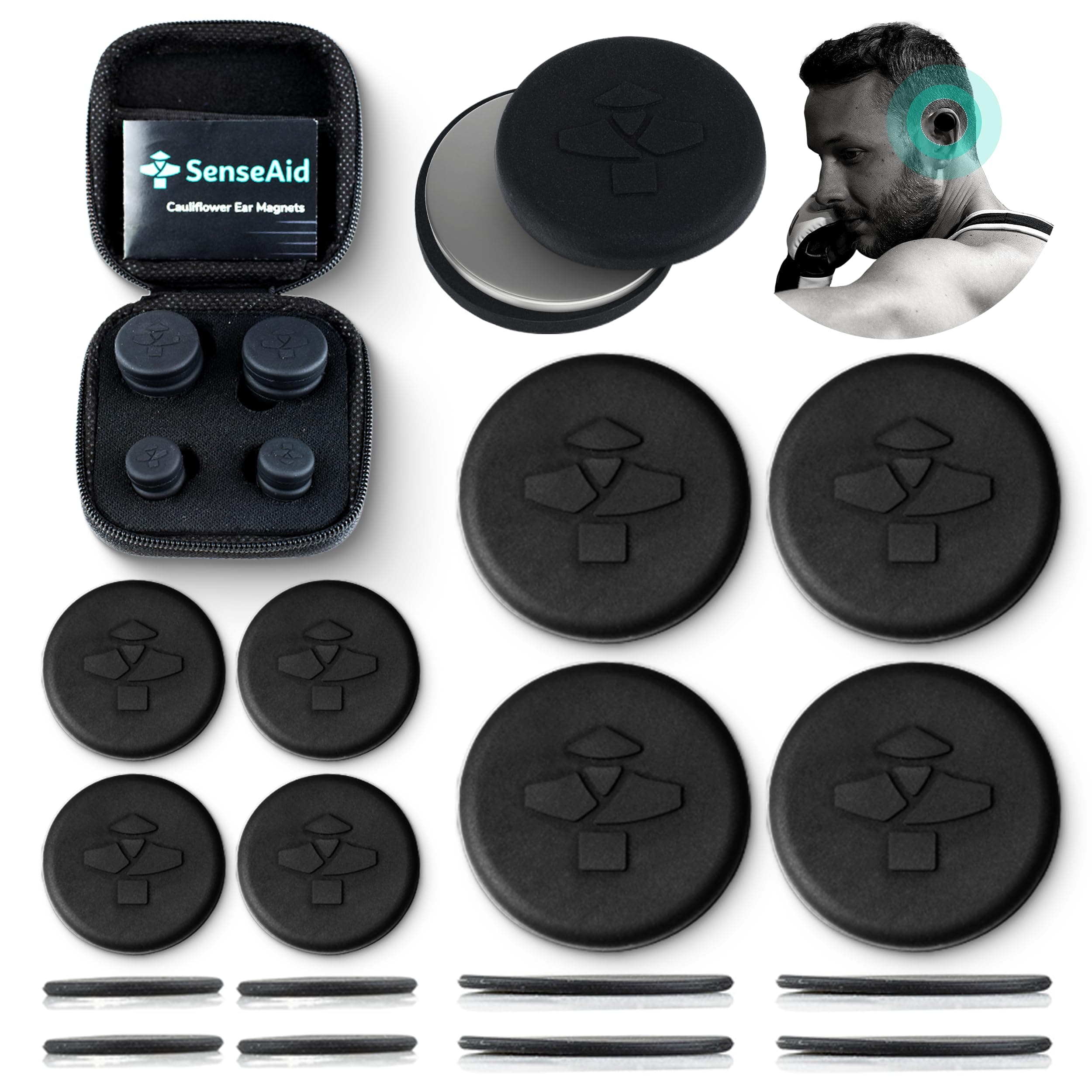 Cauliflower Ear Magnets | 8 Magnets + 8 Compression Reduction Discs Included. Cauliflower Ear Draining Kit for Treatment and Protection Against Scarring