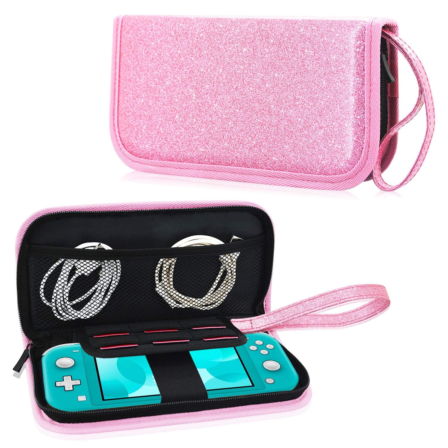 ACcolor Case Fits Nintendo Switch Lite, Premium PU Leather Protective Case Bag for New Nintendo Switch Lite 5.5 inches 2019 Release with Portable, 6 Game Cards, Zipper Closure, Glitter Pink