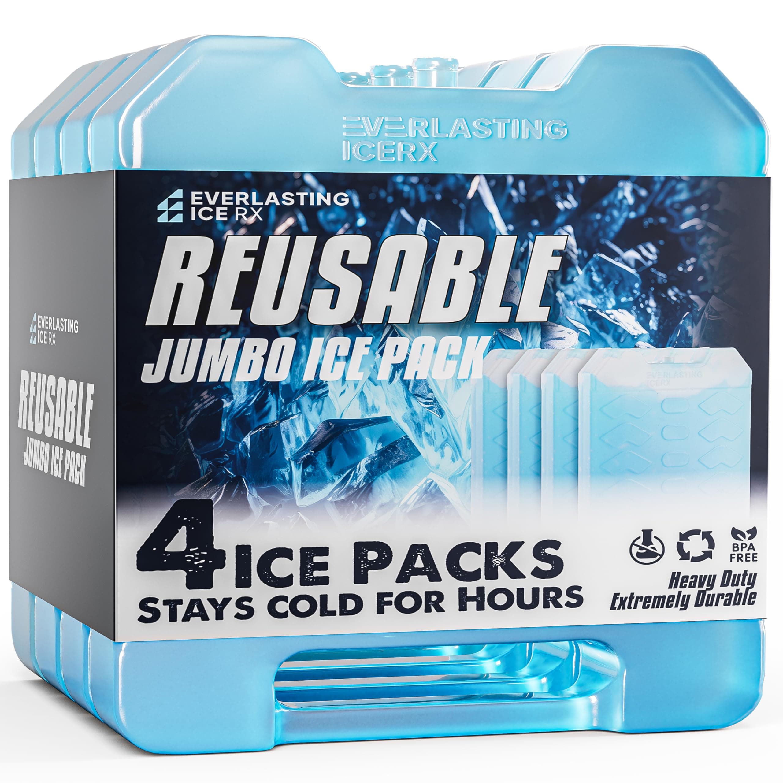 Everlasting Ice RX Large Reusable Ice Packs for Cooler with Handle (4 Pack) Long Lasting Coolness, BPA Free, Freezer Packs for Extended Cooling | Cooler Ice Packs for Camping, Fishing, Hiking, Beach