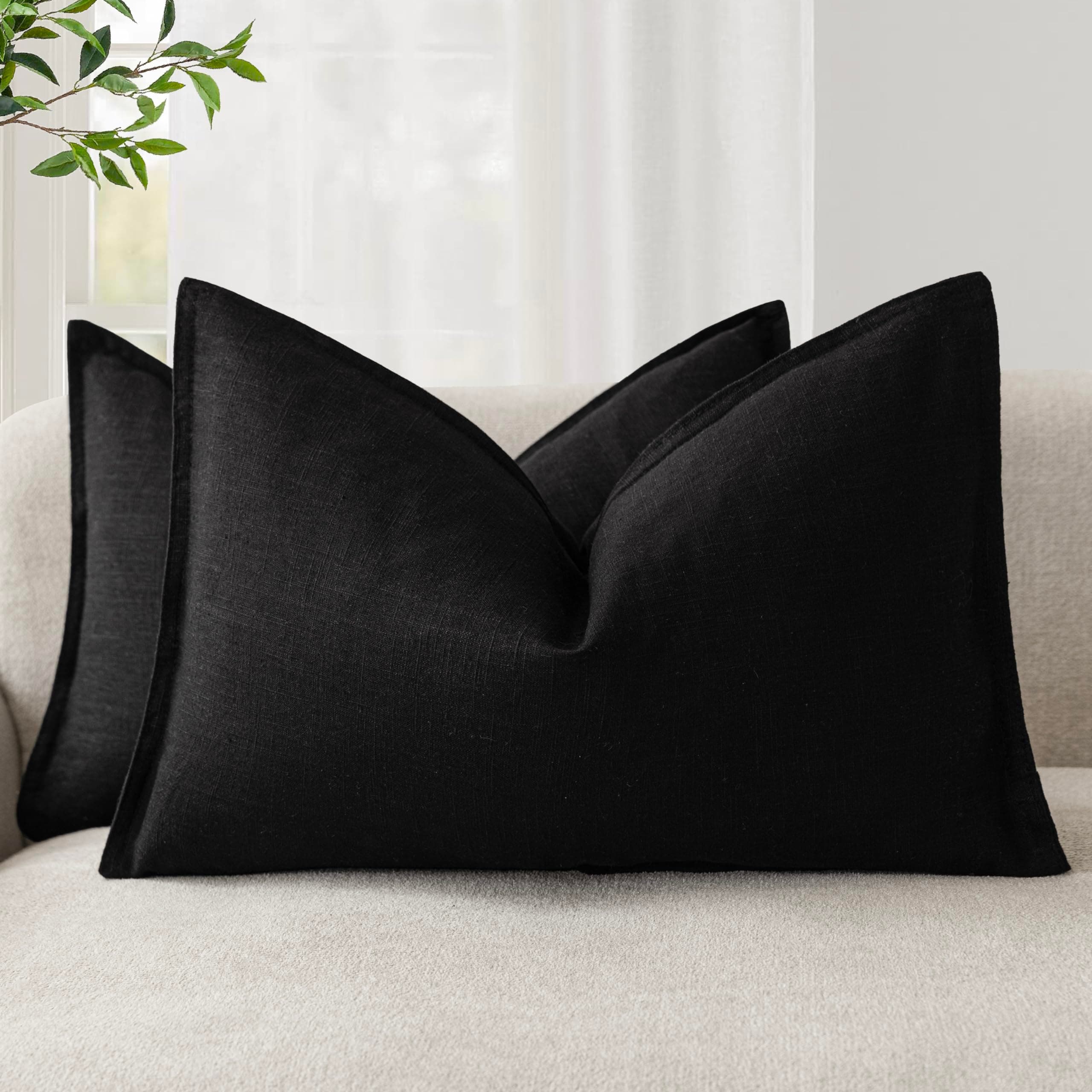 Pack of 2, Decorative Linen Soild Throw Pillow Covers Soft Accent Lumbar Cushion Case Boho Farmhouse Pillowcase for Chair Couch Sofa Bedroom Living Room Home Decor 12 x 20 Inch Black