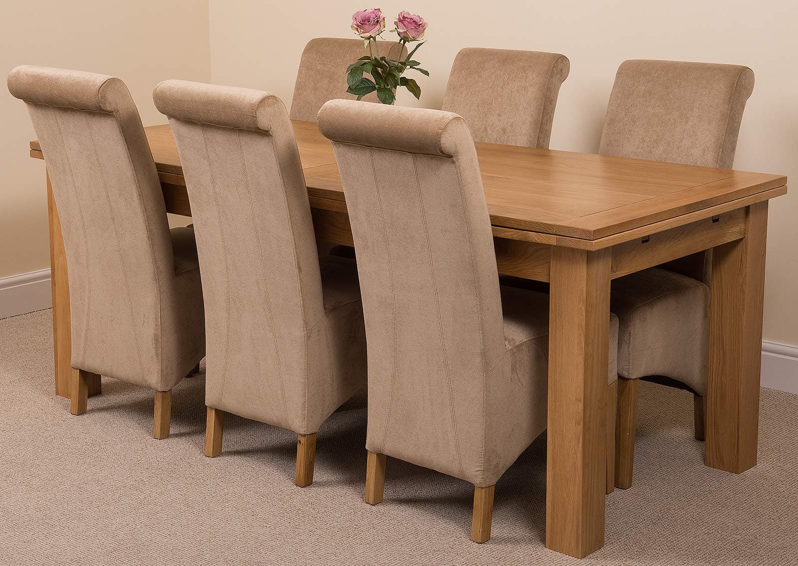 Richmond 200cm - 280cm Large Oak Extending Dining Table and 6 Chairs Dining Set with Montana Beige Fabric Chairs