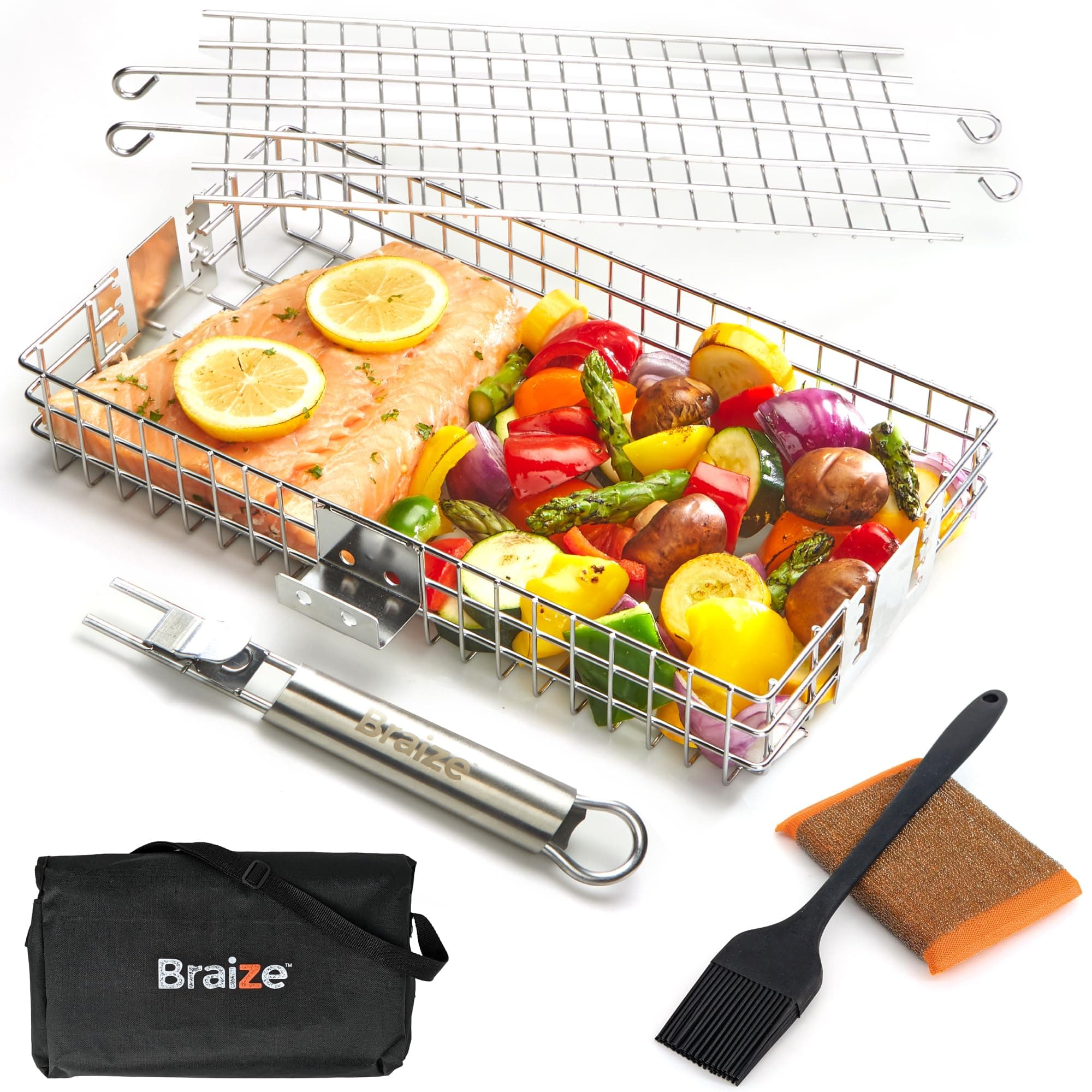 Adjustable Grill Basket with Removable Handle – 4 Height Levels for Vegetables, Meat, Fish & More – Locking Lid - Basting Brush, Scrub Sponge & Storage Bag for Outdoor Cooking