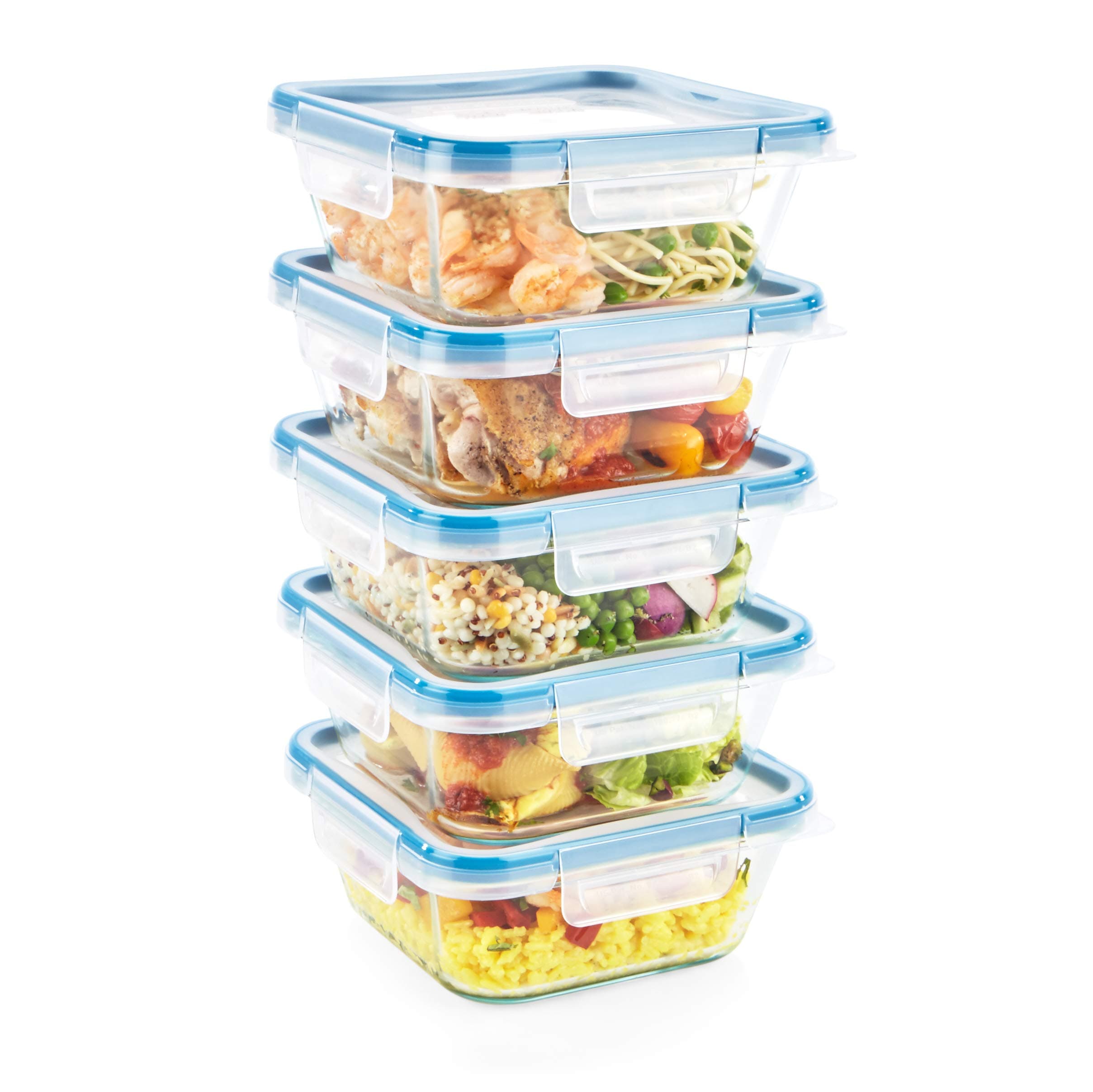Glass Total Solutions (5-Pack, 4 Cup) Food Storage Containers Set, Airtight & Leakproof Plastic Locking BPA-Free Lids, Freezer Dishwasher Microwave Safe