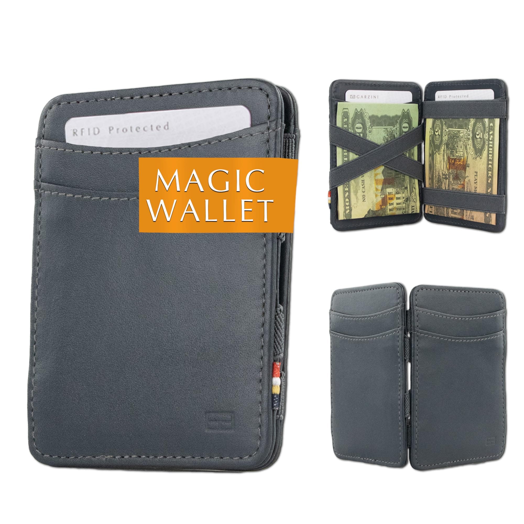 Magic Wallet for Men | Slim Leather Wallet with RFID Blocking | Minimalist Front Pocket Wallet | Holds 8 Cards + Cash | Handcrafted Gift-Ready Design, Grey