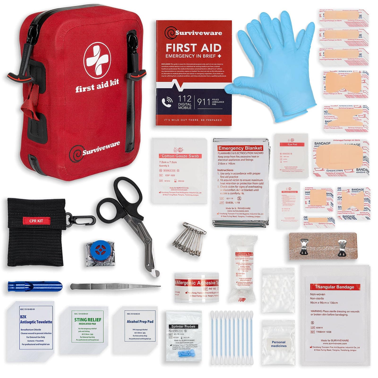 Surviveware 98-Piece Waterproof Premium First Aid & Survival Kit - Comprehensive Emergency Preparedness Gear for Camping, Hiking, Backpacking, and Outdoor Adventures