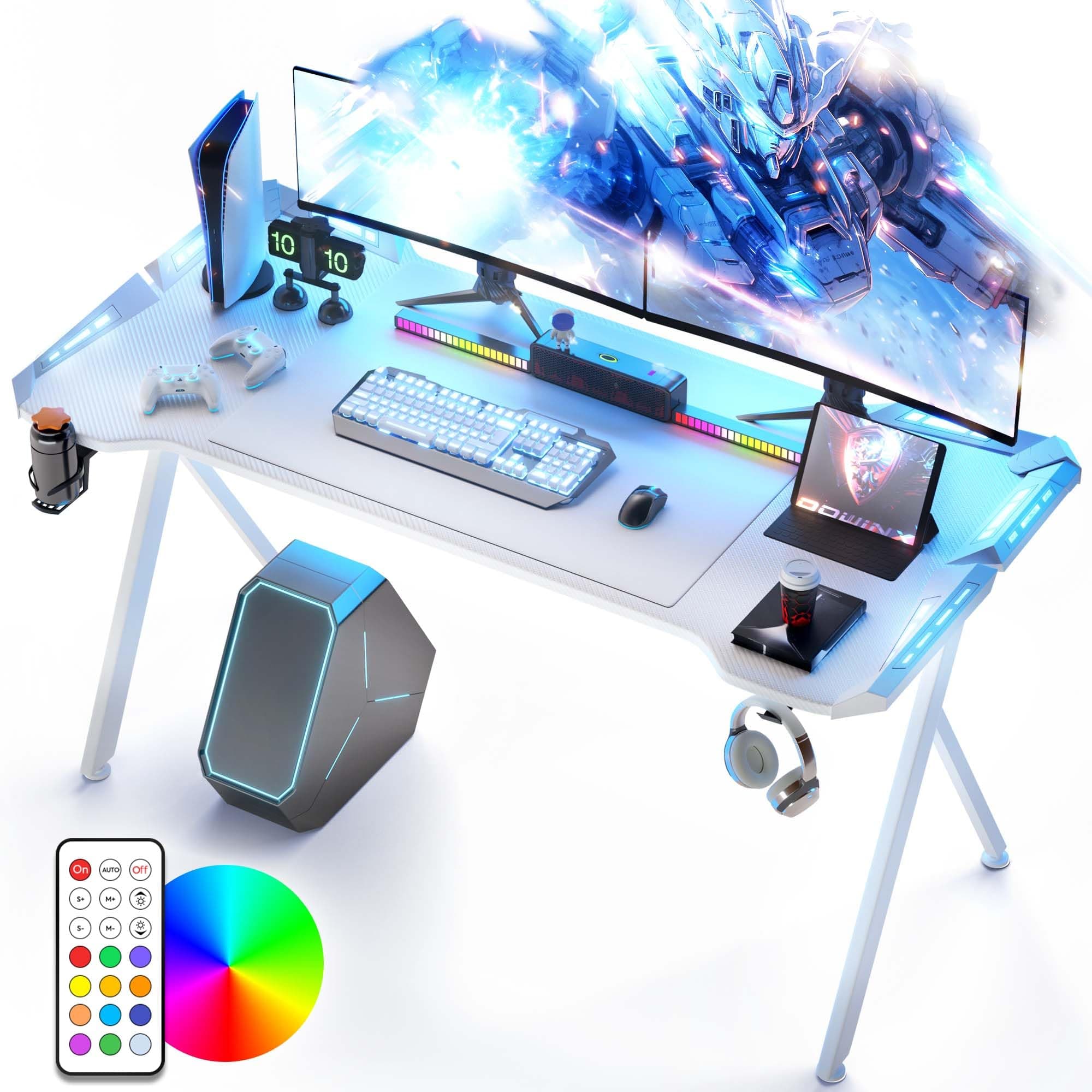 Gaming Desk with LED Lights, RGB Gaming Computer Table with Carbon Fibre Surface, LED Home Office Desk with Remote Control, Pc Workstation with Cup Holder and Headphone Hook, 63 Inch, White