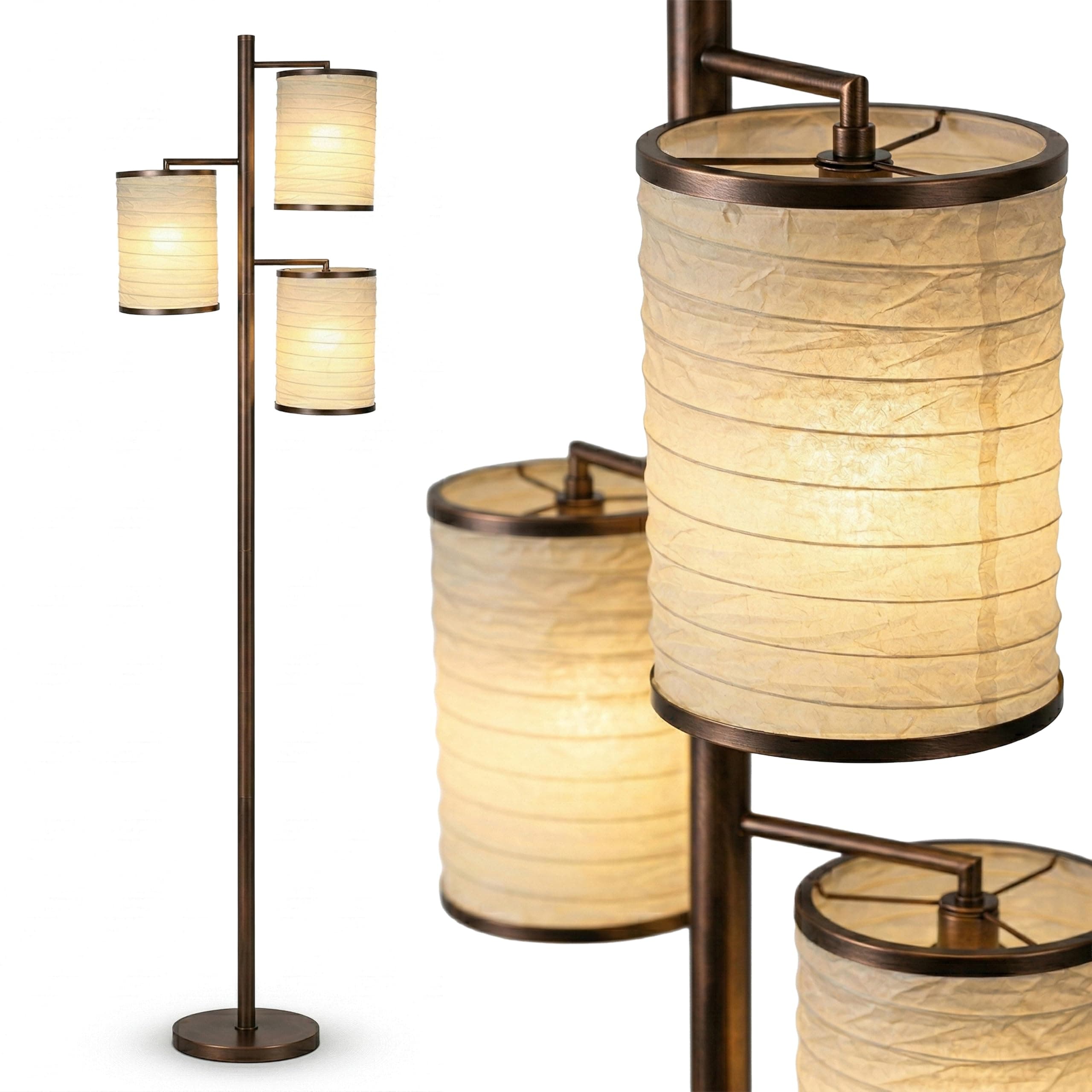 Brightech Liam Tall Tree Lamp with Asian Lantern Shade for Living Rooms and Offices - Standing Lamp with 3 LED Bulbs for Bedroom Reading - Bronze