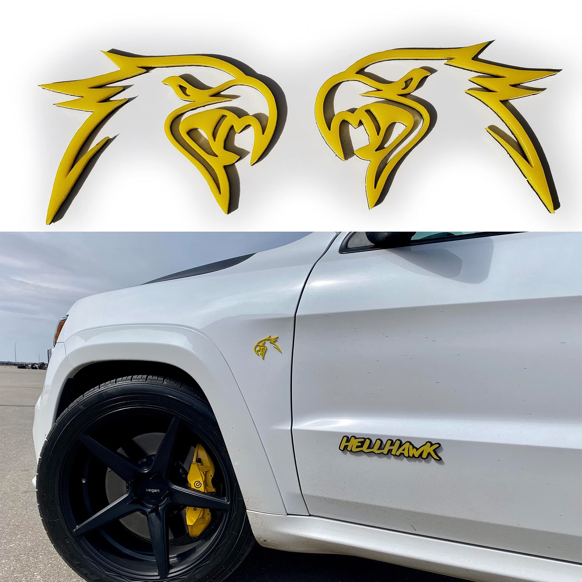 Custom HELLHAWK Emblem for Trackhawk Yellow Fender Badge Hellcat Style Head Matte Black