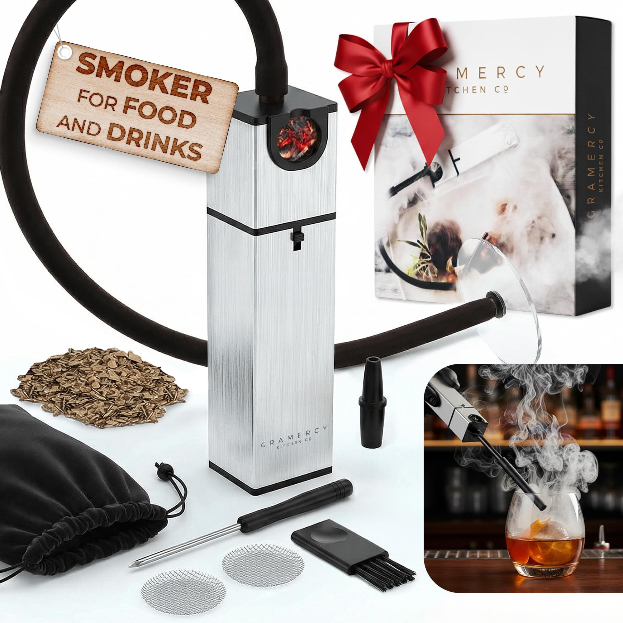 Gramercy Kitchen Company Portable Smoke Infuser Bundle Hand-held Smoking Gun Small Mini Smoker for Meat and Cocktails, Indoor Food and Drink for Sous Vide Accessories with Bonus Storage Bag
