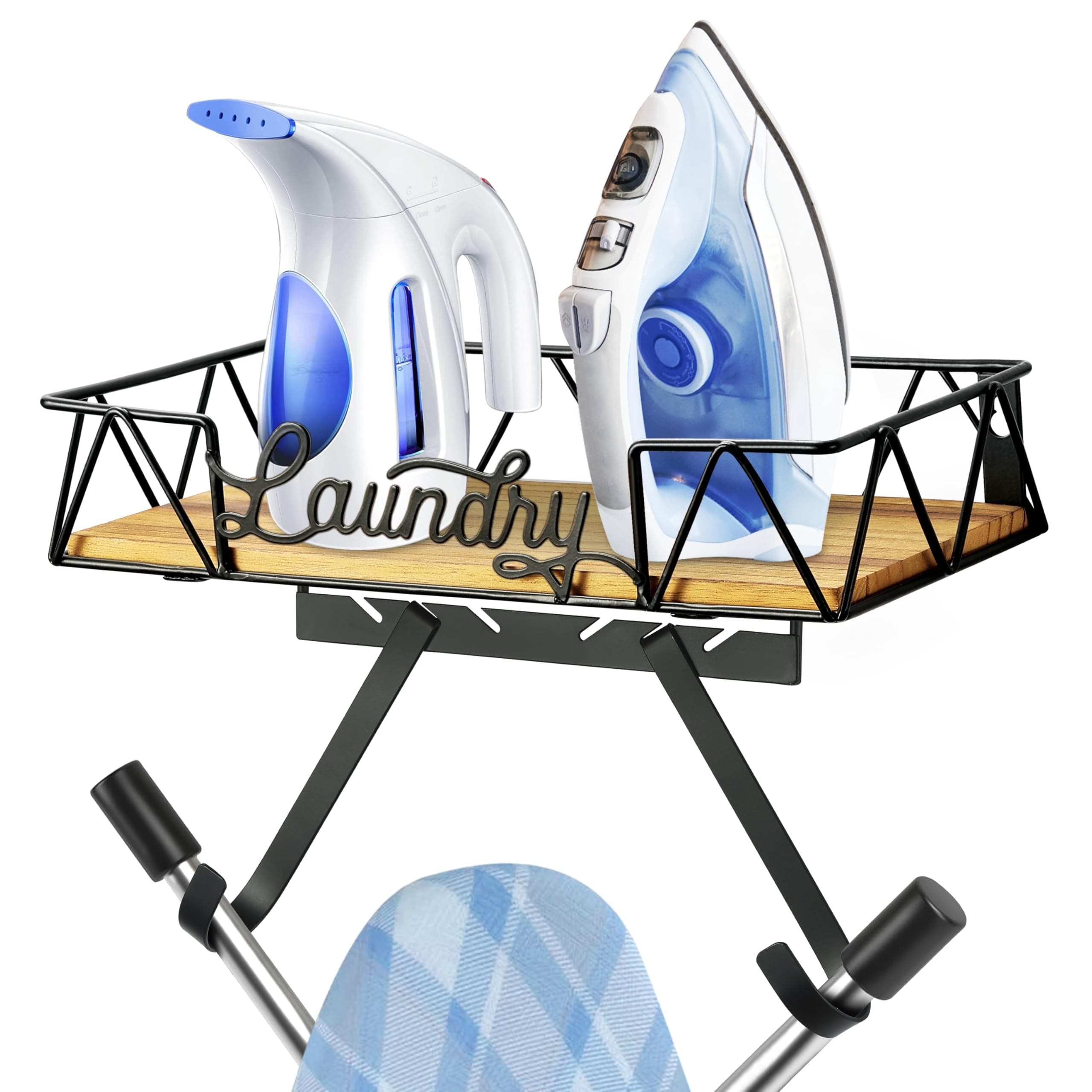 PERFNIQUE Ironing Board Holder, Iron Board Wall Mount, Ironing Board Hanger, Laundry Room Organization with Removable Hooks(T&V Shaped), Wooden Base Basket, Farmhouse Laundry Room Decor (Laundry)