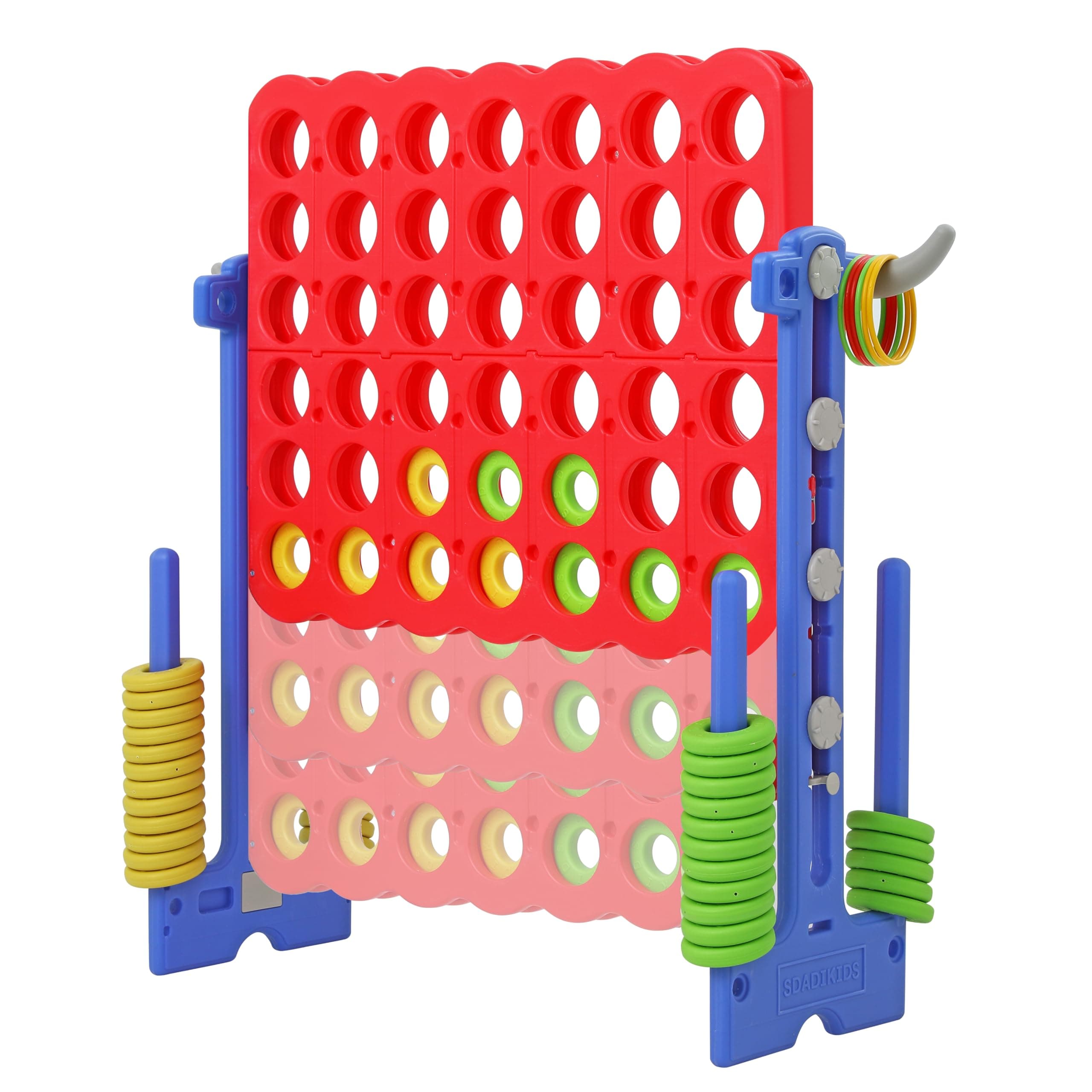 Height Adjustable Giant 4 in a Row Connect Game, 2-in-1 Jumbo 4-to-Score Game with Ring Toss Game Set, Indoor Outdoor Yard Game Party Game for Kids Adults and Family, Blue