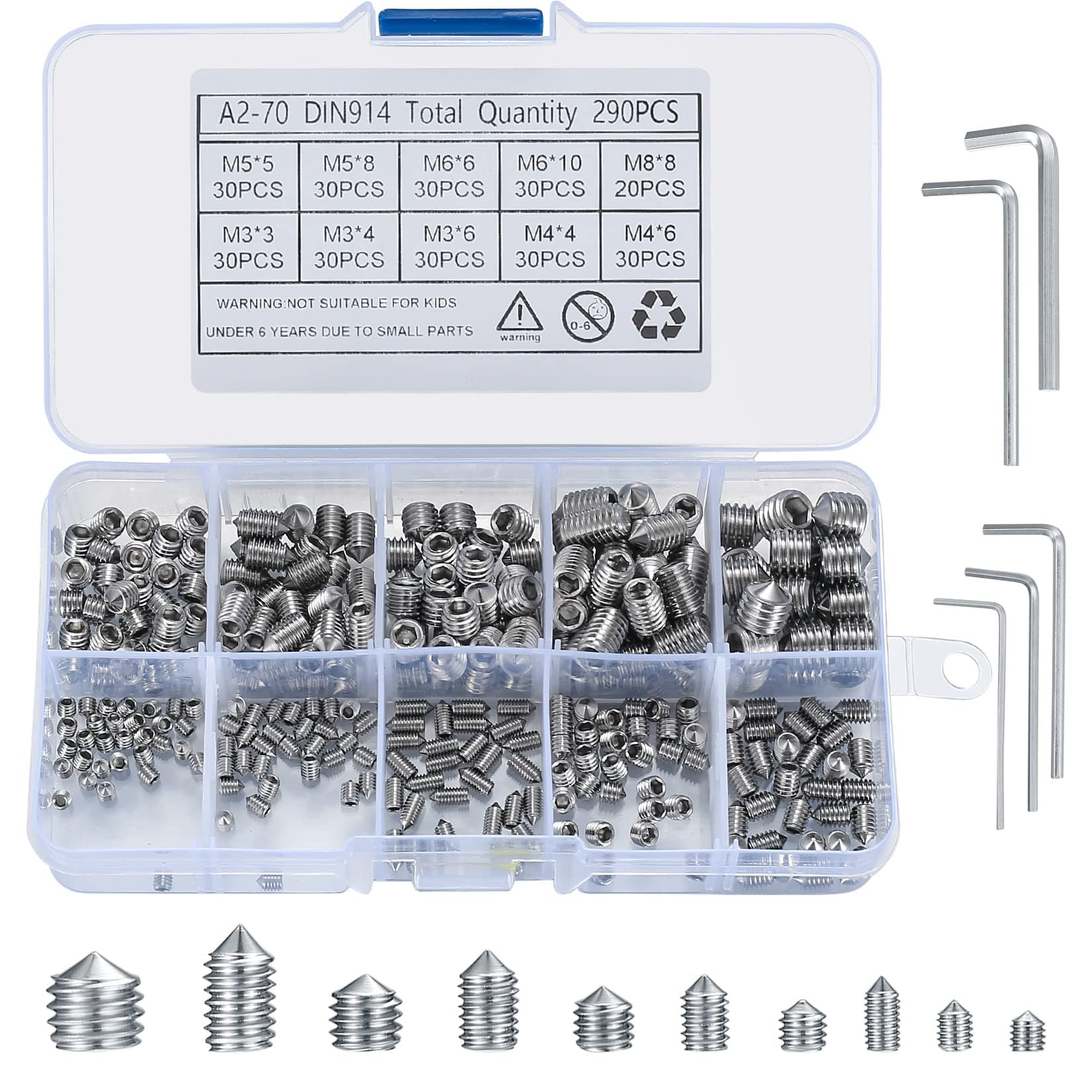 290 Pcs Cone Cup Point Grub Screws, M3/M4/M5/M6/M8 Hex Head Socket Screws Set Assorted, Mixed Stainless Steel Metric Threads with Internal Hex Drive for Door Handles, with 5 Pcs Allen Key