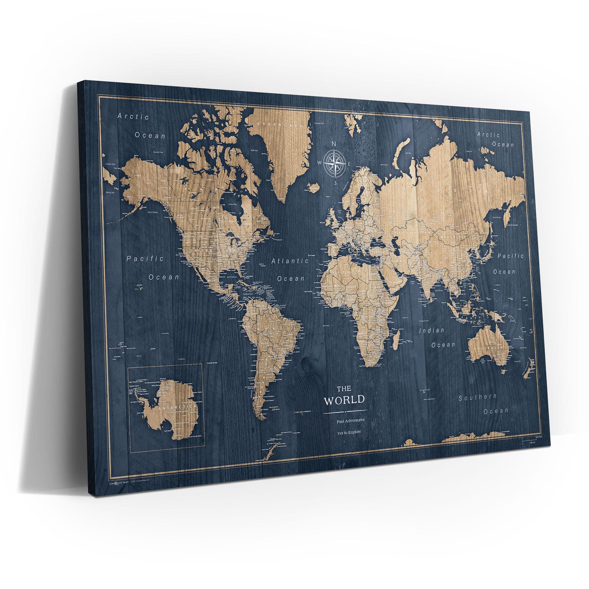 Conquest Maps World Travel Map with Pins Deep-Sea Drift Style Push Pin Travel Map Cork Board, Track Your Travels w/a Handmade Unique Canvas Pinable Map (24" x 16")