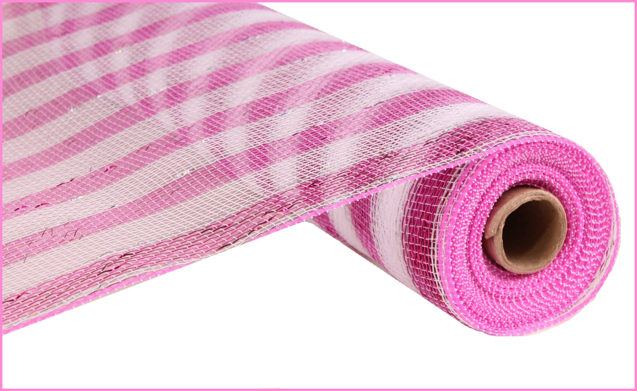 Metallic Poly Deco Mesh Stripe - Hot Pink/White Stripes
