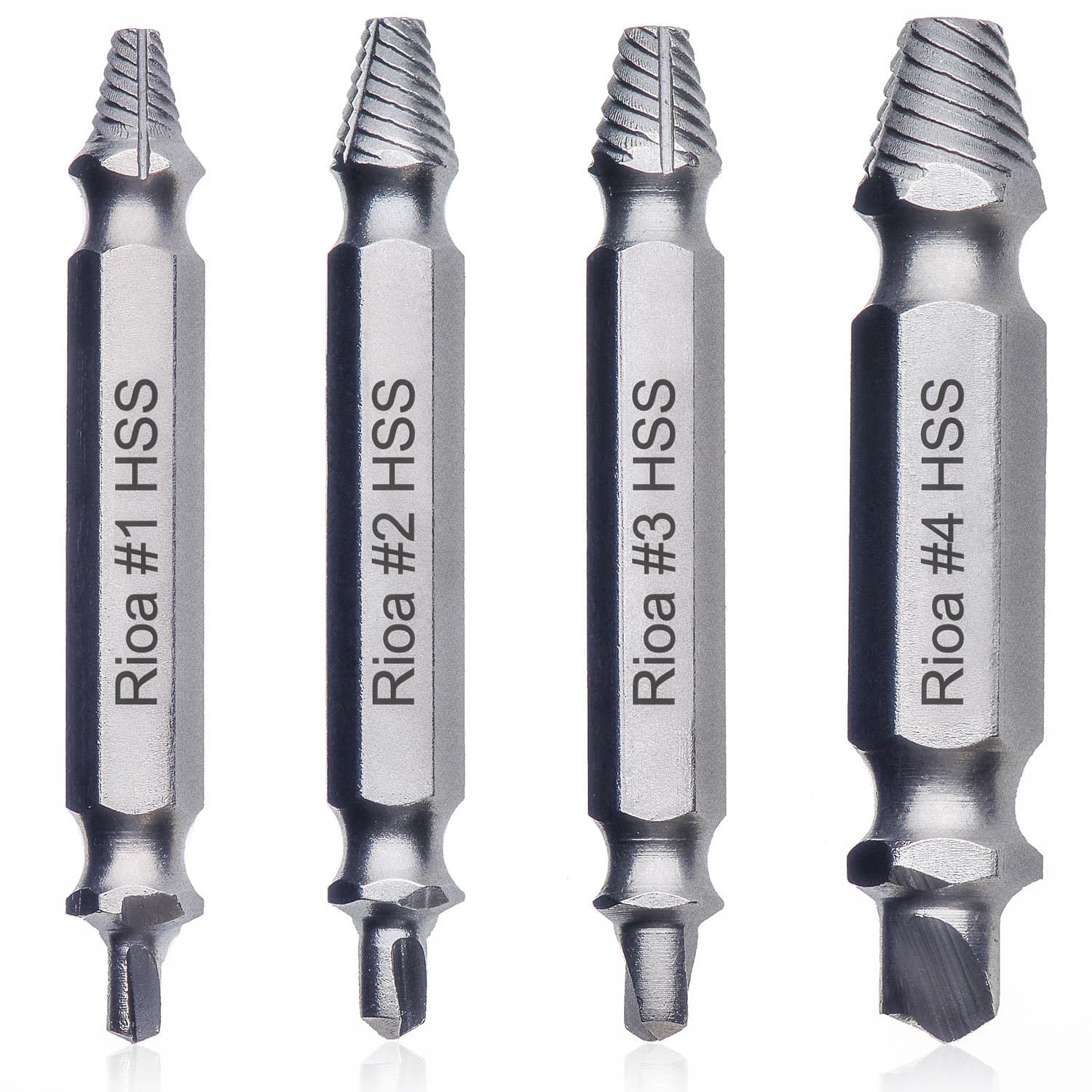 Rioa screw extractor Damaged Screw Remover and Bolt Exctractor Set Easily Remove Stripped or Damaged Screws. Made From H.S.S. 4341#, the Hardness Is 62-63hrc
