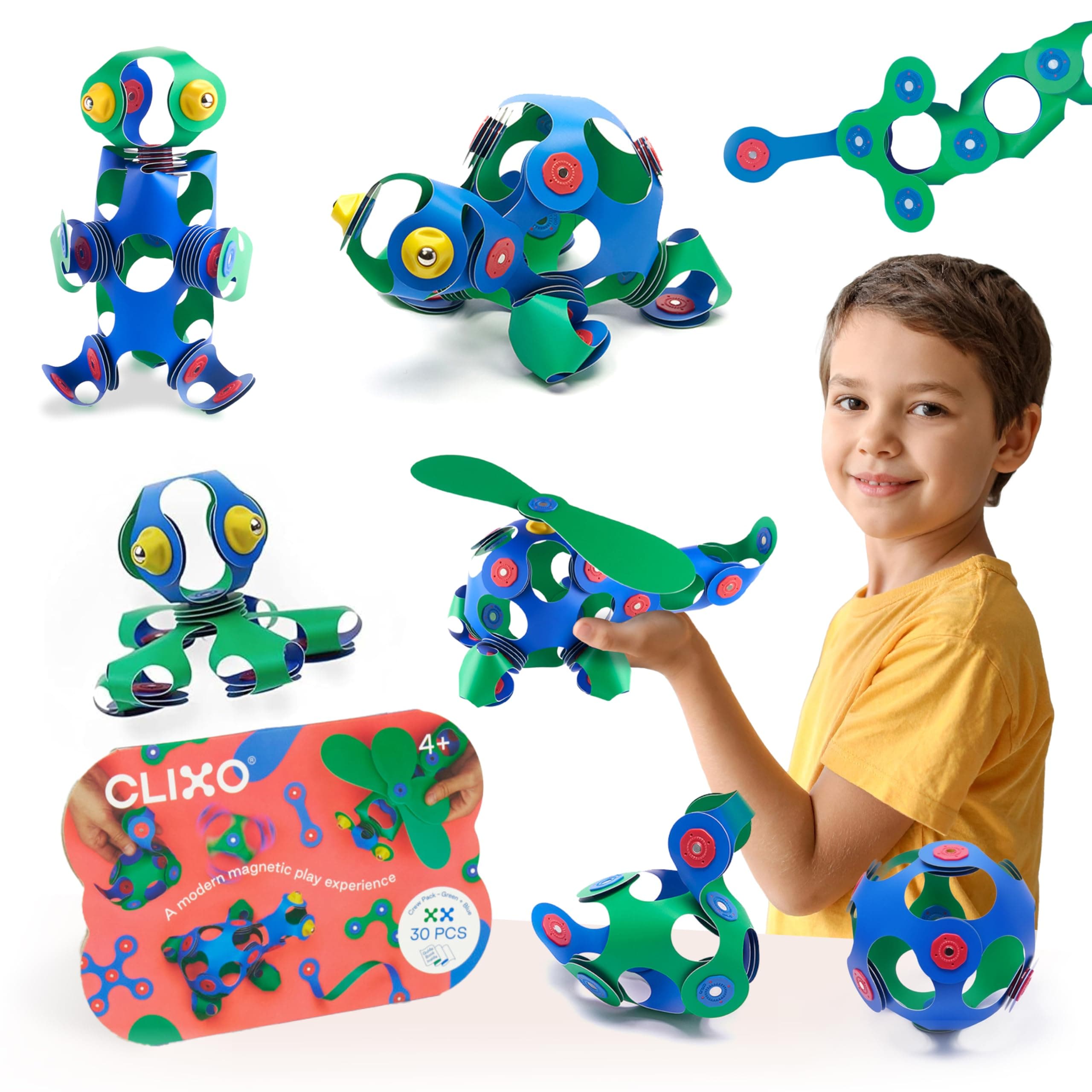 Clixo Crew 30 Piece Pack - The Flexible, Durable, Imagination-Boosting Magnetic Building Toy - Modern, Modular Designs for Hours of STEM Play. A Multi-Sensory Magnet Toy Experience Anywhere! Ages 4-99