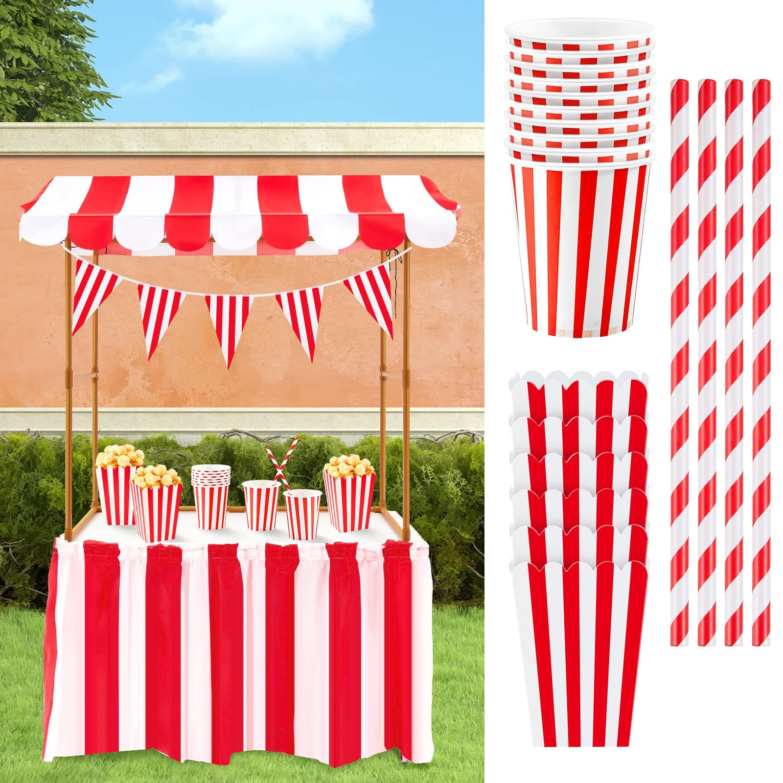 Meooeck 75 Pcs Carnival Circus Concession Stand Decor Kit Red White Striped Table Skirt and Pennant with Red White Striped Popcorn Boxes and Straws for Carnival Party Supplies