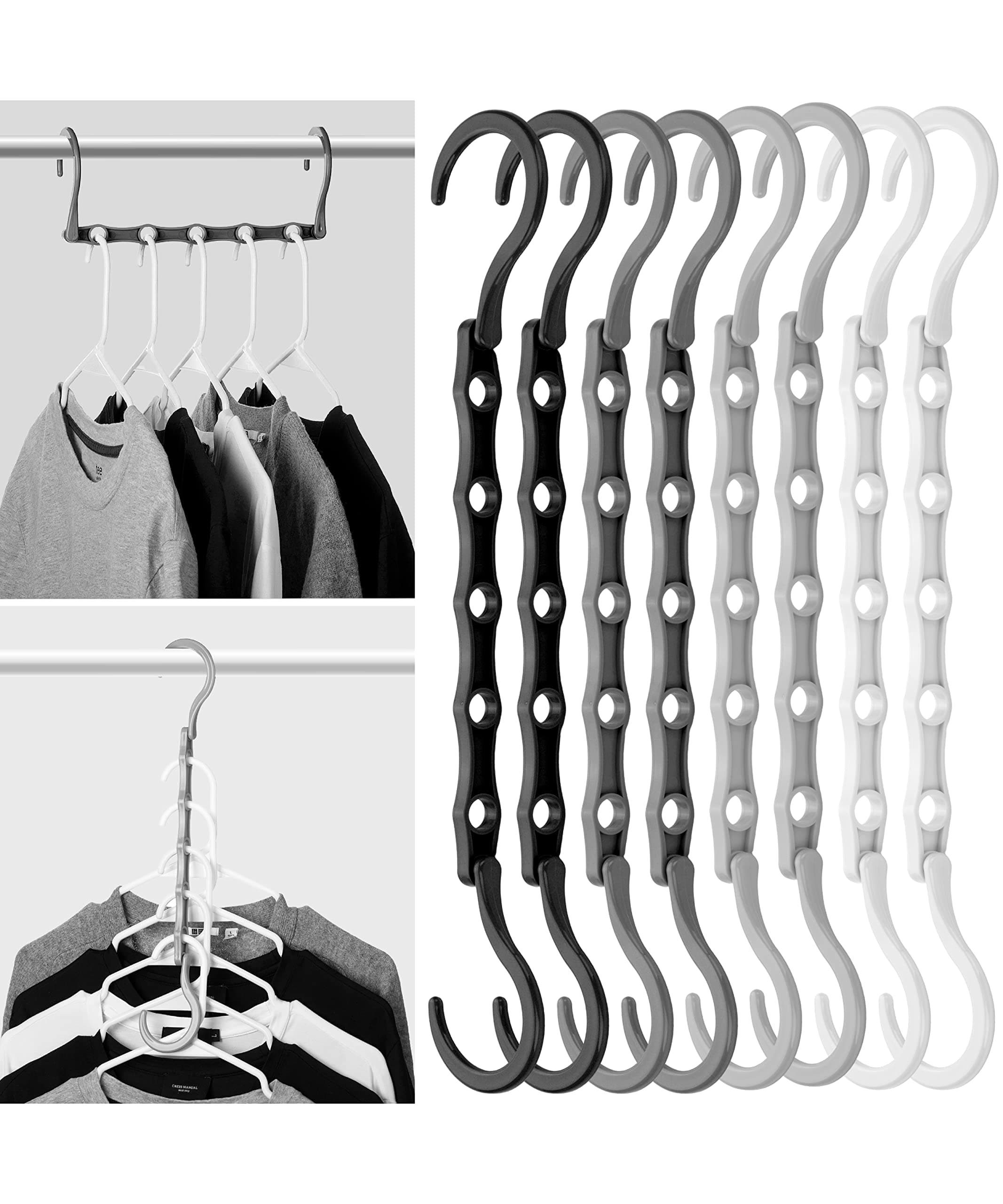 Mr. Pen- Space Saving Hangers for Clothes, 8 Pack, Mixed Color Space Saver Hangers, Shirt Hangers Space Saving, Clothes Hanger Organizer, Hanger Space Saver, Magic Hangers, Black Gray White