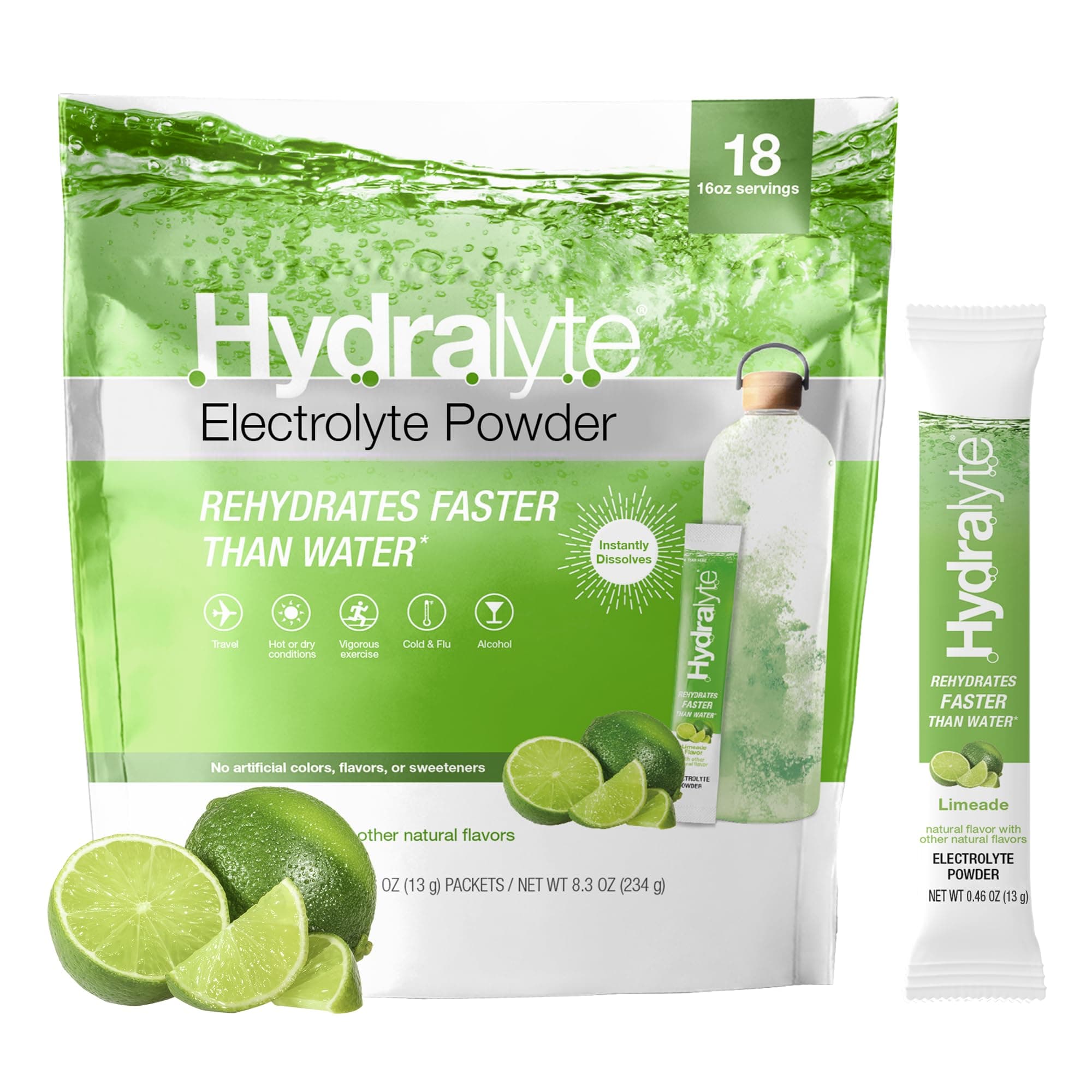 HydralyteLow Sugar Rapid Rehydration - Lightly Sparkling Electrolyte Powder Packets, 16 oz Serve | Limeade Hydration Packets | Hydration for Heat, Travel Essential - Workout Essential (18 Count)