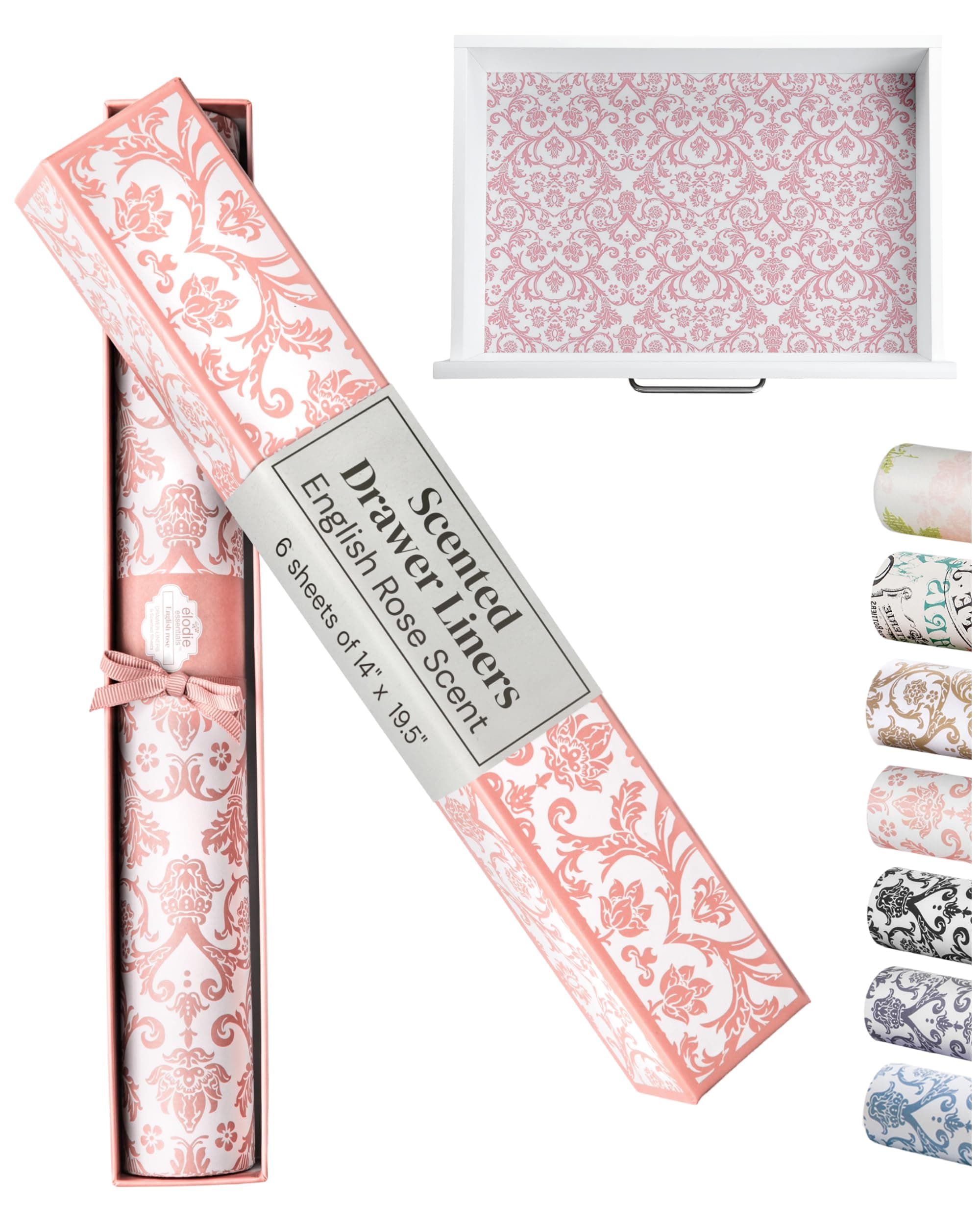 6 Scented Drawer Liners Non-Adhesive Paper Sheets for Home Closet Shelves, Cabinet and Dresser Drawers - Royal Damask Print - 14 x 19½ Inch (Rose)