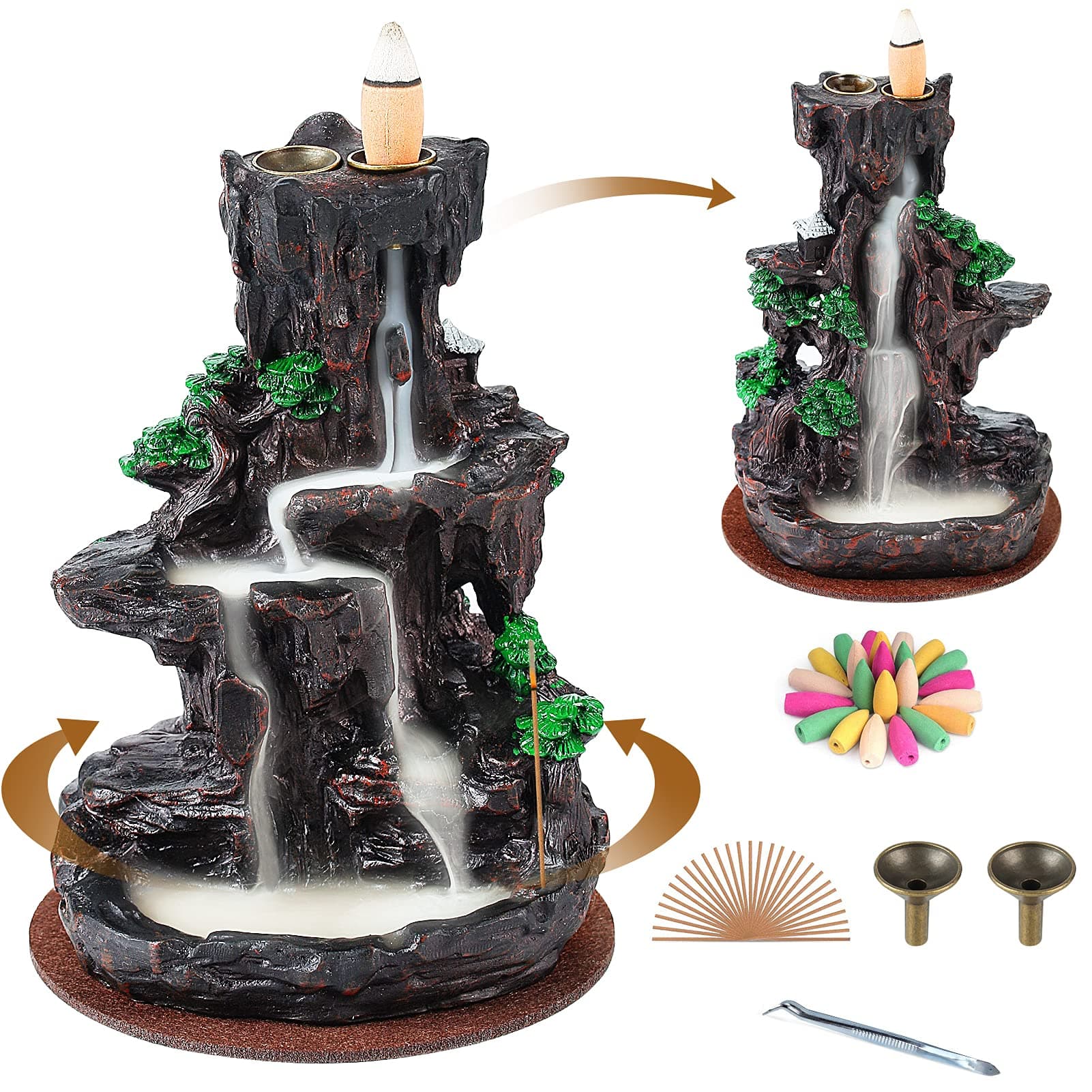 SPACEKEEPER Incense Burner, 2-Sided Backflow Incense Fountain, Mountain Tower with 120 Cones, 30 Sticks, Aromatherapy Ornaments