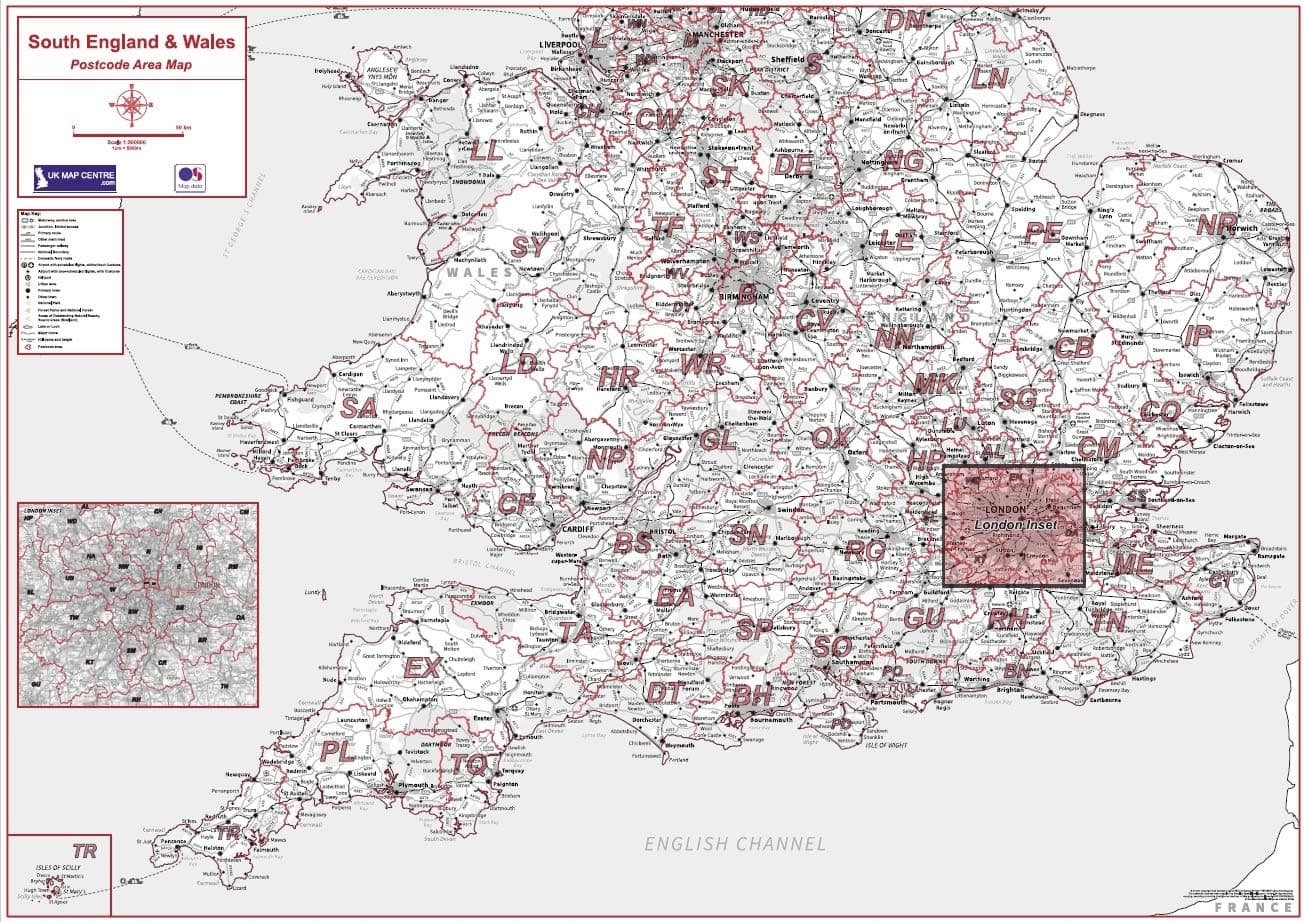 Postcode Area Map 4 - Southern England & Wales - Greyscale - Photo Paper