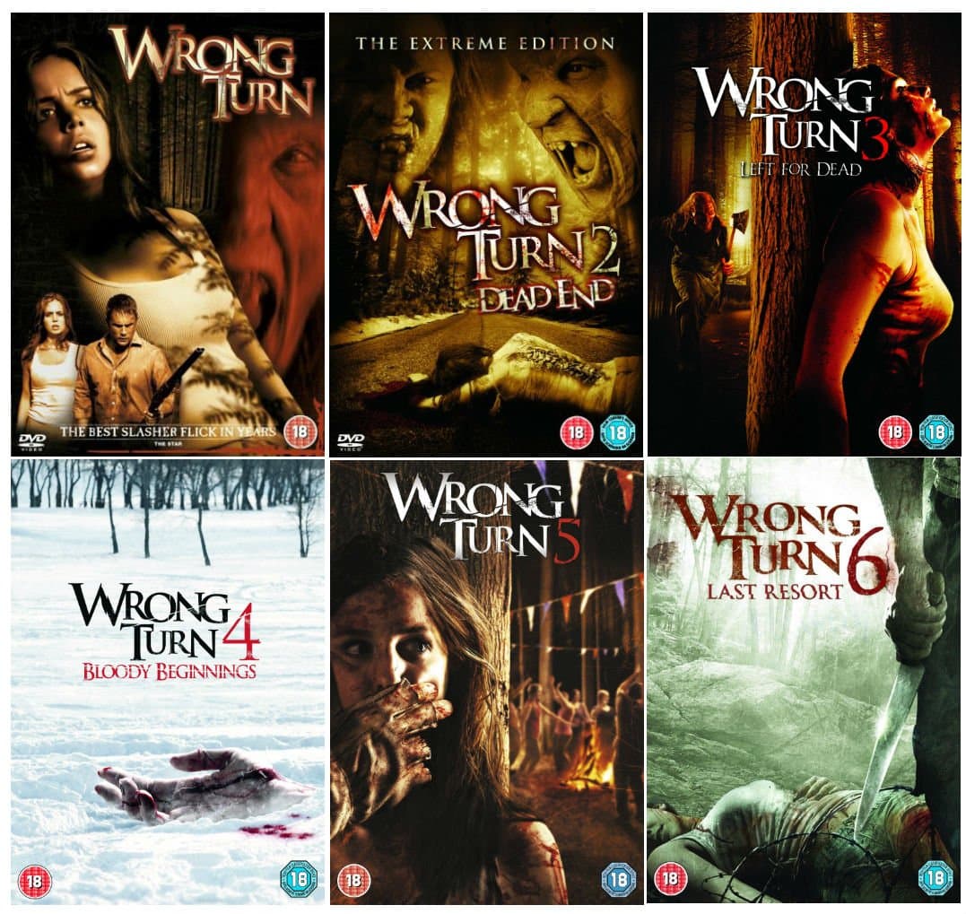 Wrong Turn 1 - 6 Complete DVD Collection : Wrong Turn / Wrong Turn 2: Dead End - Extreme Edition / Wrong Turn 3 - Left For Dead / Wrong Turn 4: Bloody Beginnings / Wrong Turn 5: Bloodlines / Wrong Turn 6: Last Resort + Extras + Commentaries + Director's Die-ary's + Deleted scenes