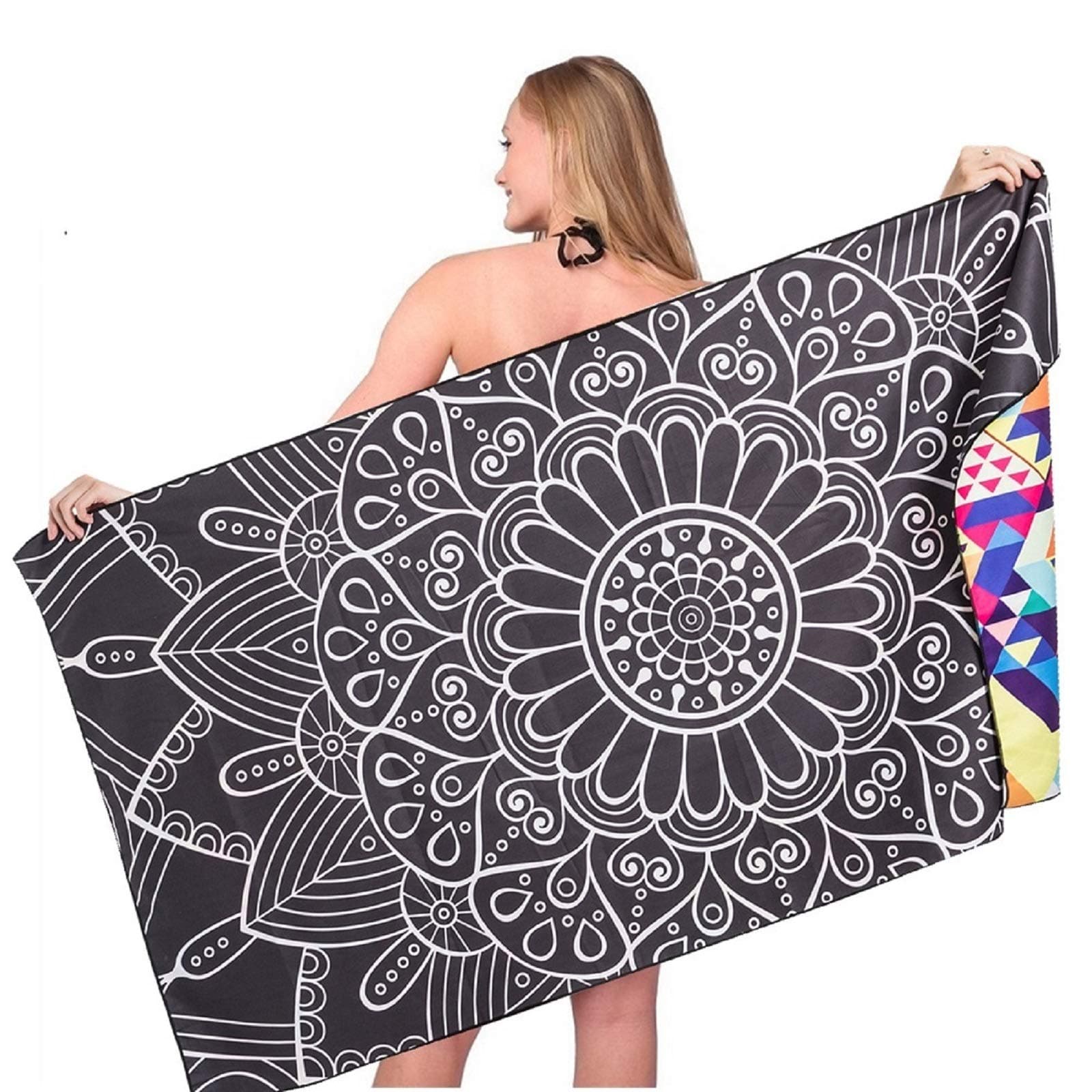 Microfiber Sand Free Beach Towel-Quick Dry Super Absorbent Lightweight Oversized Large Towels Blanket for Travel Pool Swimming Bath Girl Women Men Geometric Triangle Black Mandala