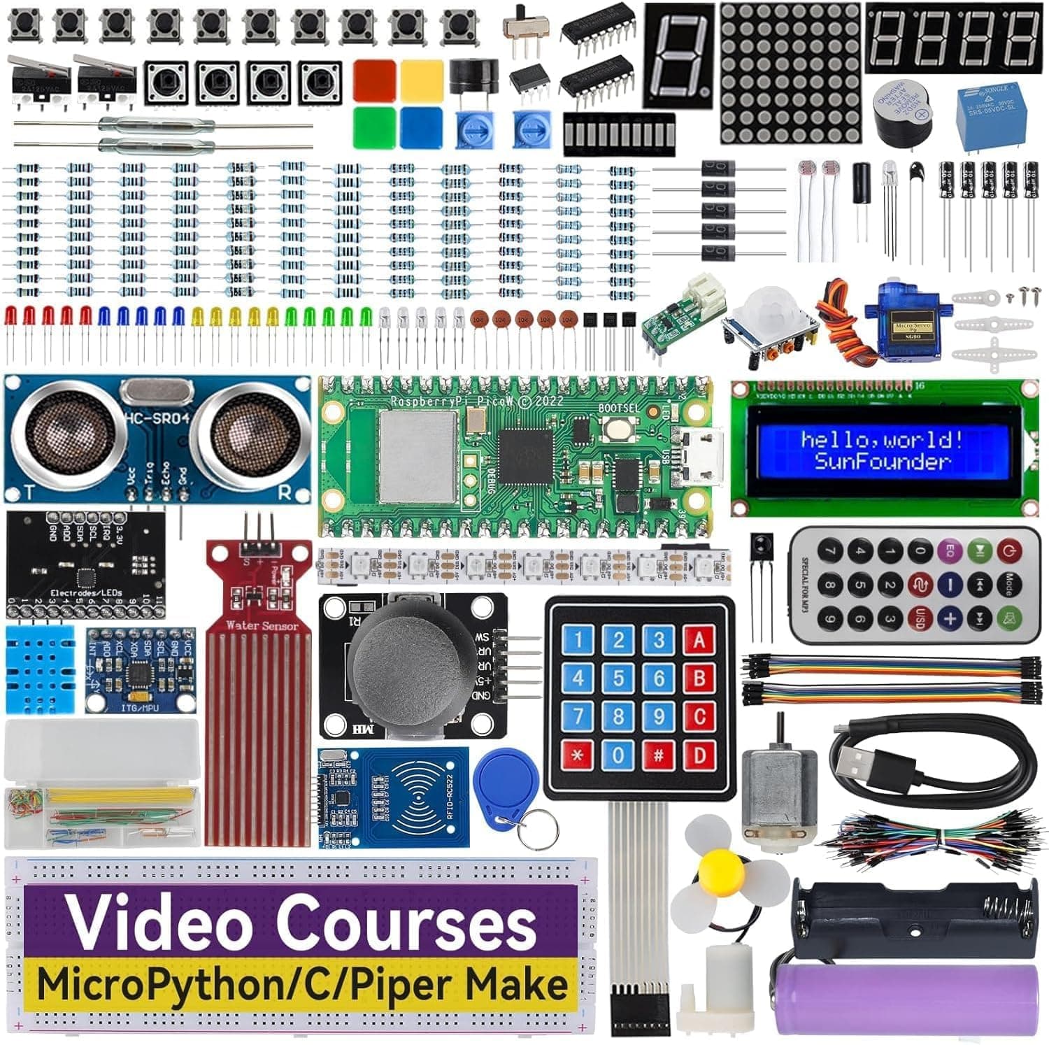 Ultimate Starter Kit for Raspberry Pi Pico W with Video Courses, 450+ Items, 117 Projects, MicroPython, Piper Make and C/C++ (Compatible with Arduino IDE), Suitable for Beginners Age 8+