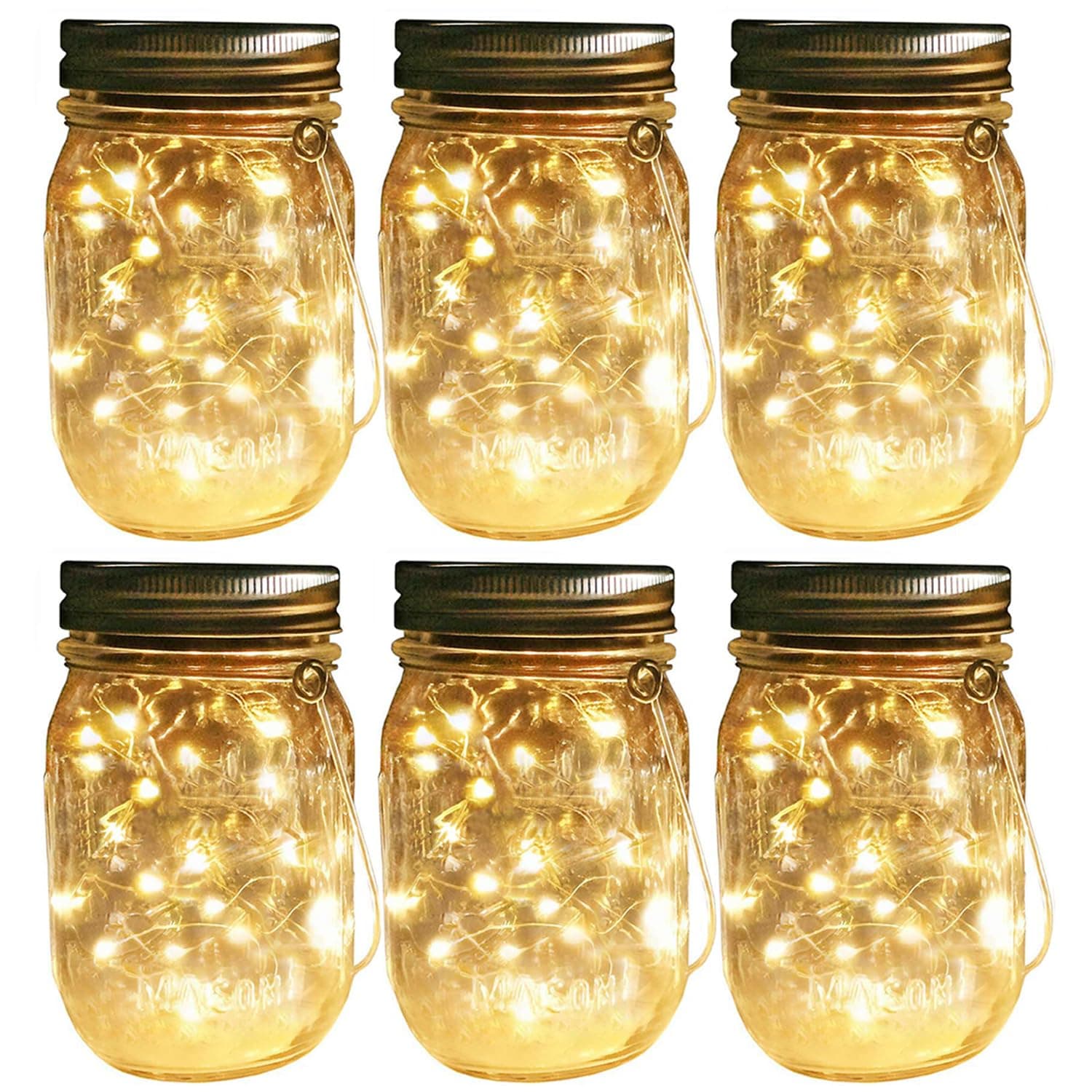 Solar Mason Jar Lights, 6 Pack 30 Led String Fairy Star Firefly Glass Jar Lights,6 Hangers and 6 Jars Included, Best for Mason Jar Decor,Patio Garden Decor Solar Laterns Table Lights