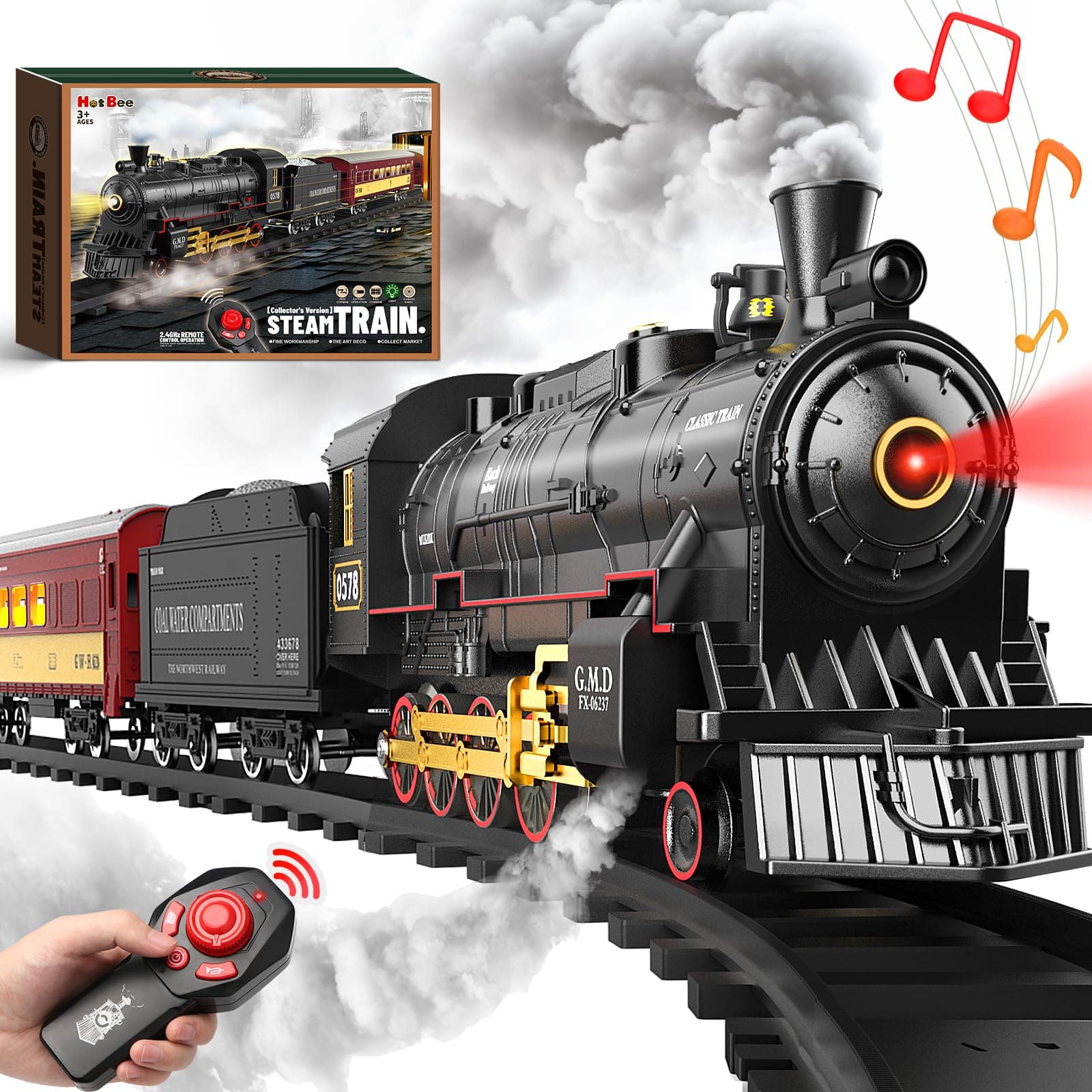 Hot Bee Train Set for Boys,Remote Control Christmas Train Sets w/Steam Locomotive,Light Passenger Cars & Tracks,Trains Toys w/Smoke,Whistle & Lights,Christmas Toys Gifts for 3 4 5 6 7 8+ Year Old Kids