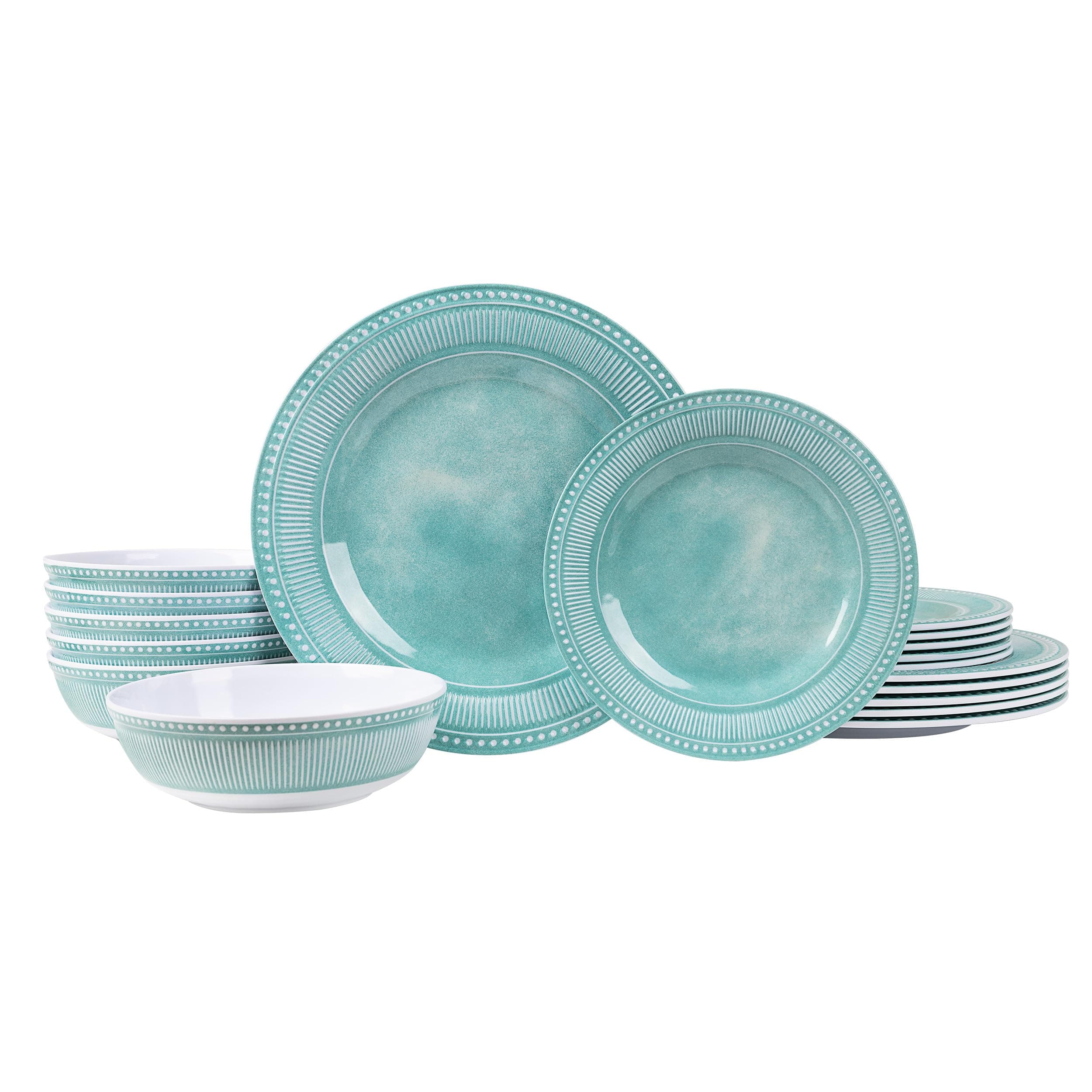 AELS Melamine Dinnerware Set of 18 Pcs, Dinner Dishes Set for Indoor and Outdoor Use, Melamine Plates and Bowls Set for 6, Dishwasher Safe, Lightweight Unbreakable, BPA Free, Green
