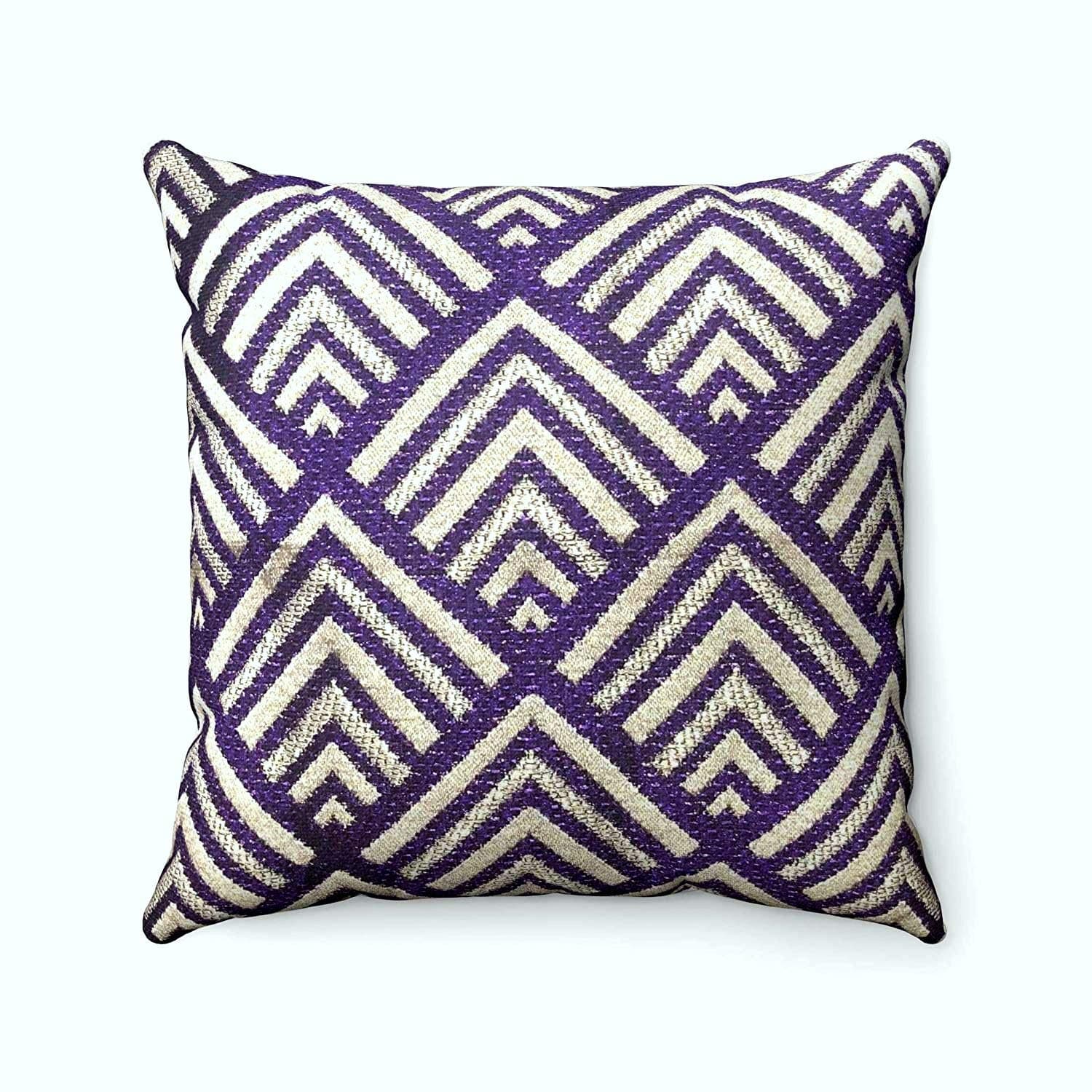 Moroccan Luxury Designer Jacquard Chenille Geometric Pattern Tiles Chevron ZigZag Scatter Cushion Pillow Cover - Dark Purple & Gold - 18" x 18"