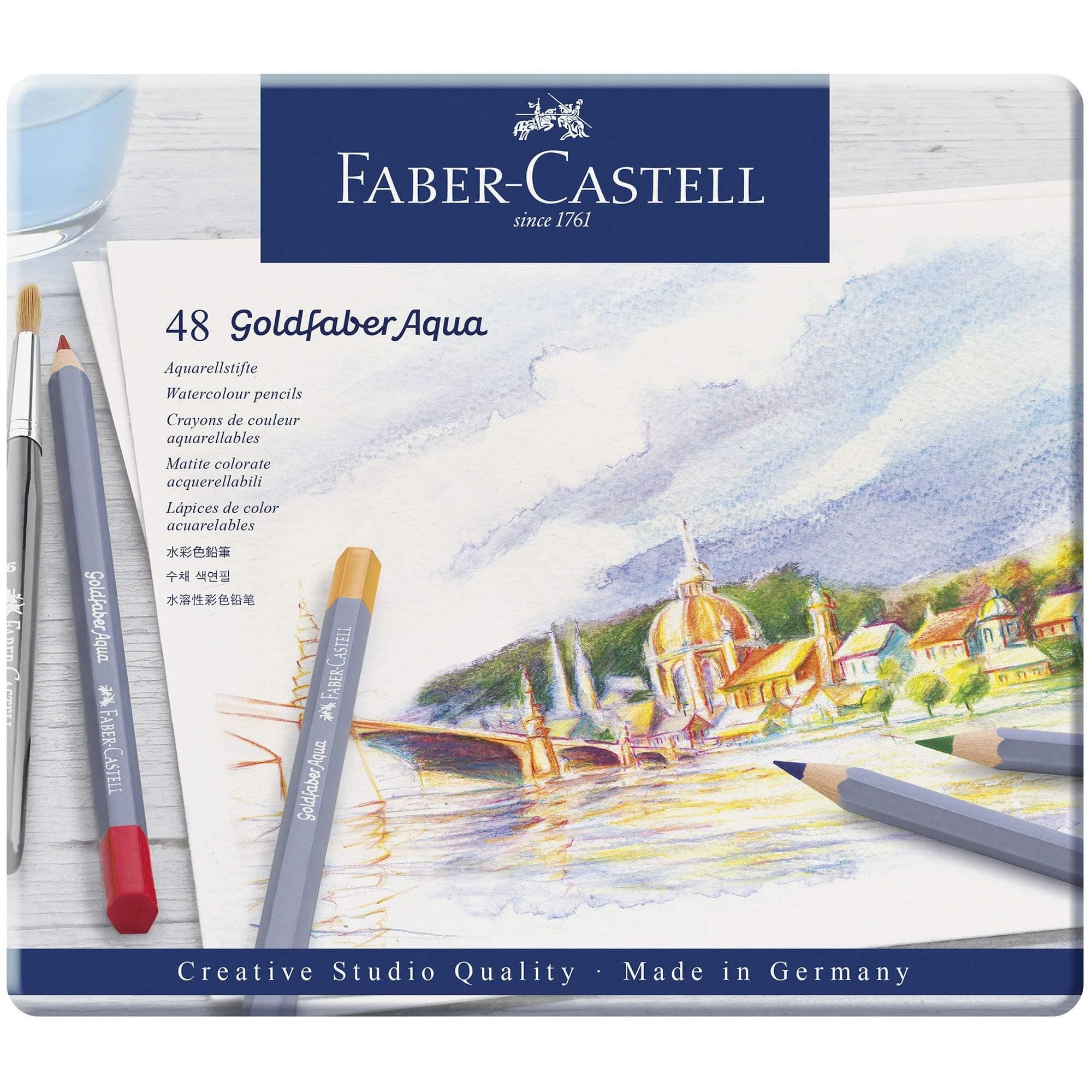 Faber-Castell Creative Studio Goldfaber Aqua Watercolour Pencil, Multicoloured Tin of 48 Pencils, Art, Craft, Drawing, Sketching, Home, School, University, Colouring