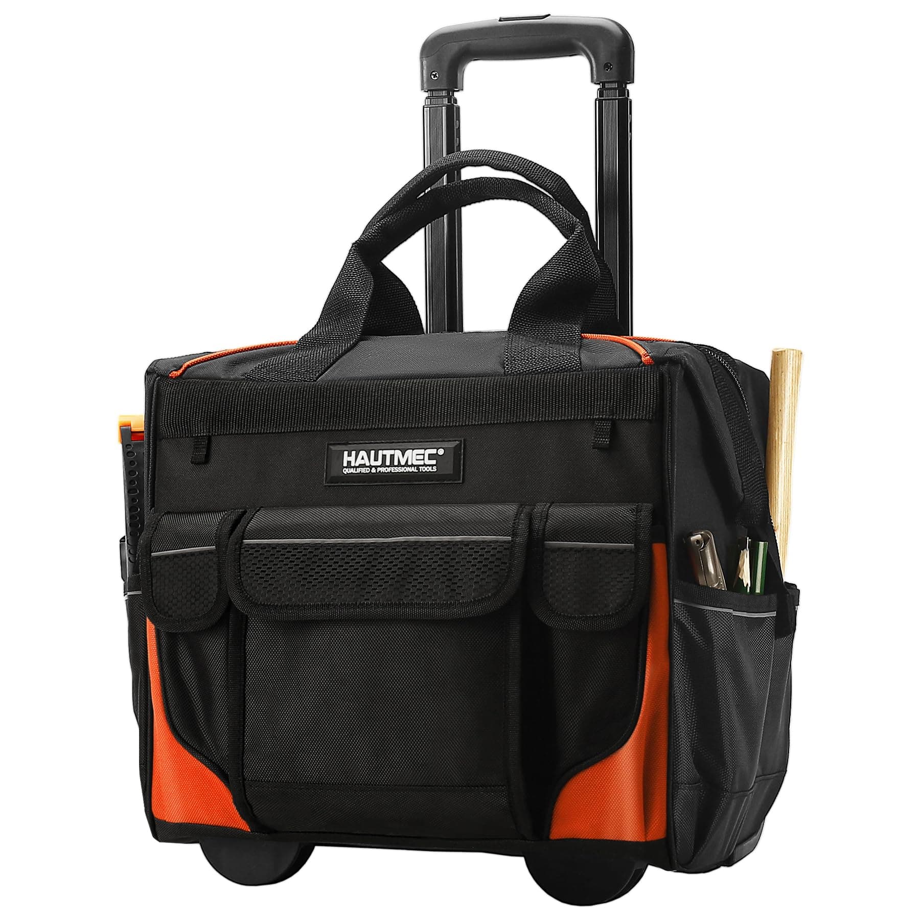 HAUTMEC 14.5" Rolling Tool Bag on Wheels, Heavy-Duty Tool Bag with High-Density Oxford Fabric, Oversized Off-Road Wheels, Wide-Mouth Design, 25-Pocket, Double Zipper & Telescoping Handle - HT0353