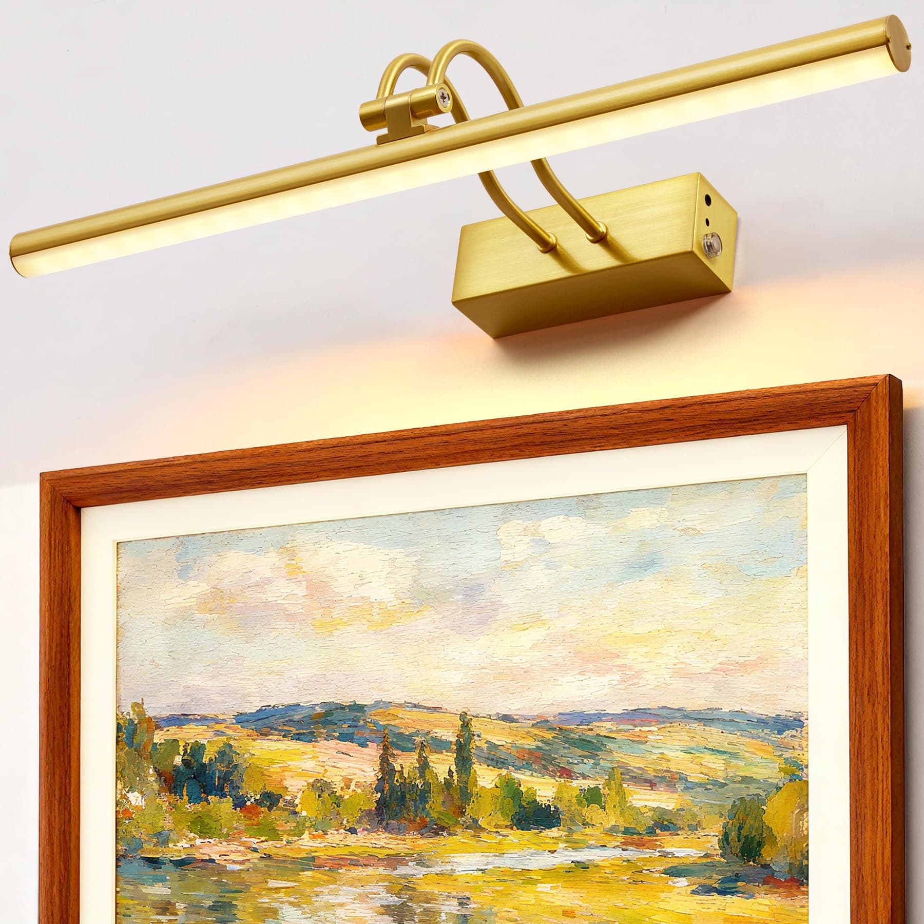 RAIFOOLLY Picture Light, 16 Inch Cordless Picture Lights for Wall with Timer and Dimmable, 500mAh Battery Operated Wall Lights for Display Gallery Painting Art Frame Portrait - Plated Gold Metal