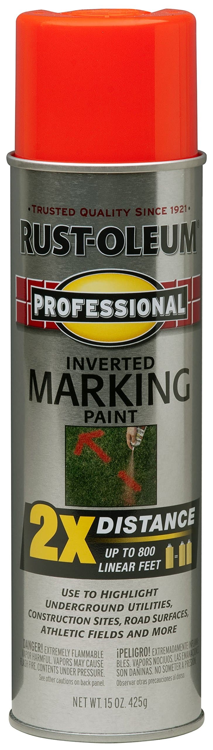 Rust-Oleum 266590 Professional 2X Distance Inverted Marking Spray Paint, 15 oz, Fluorescent Red-Orange