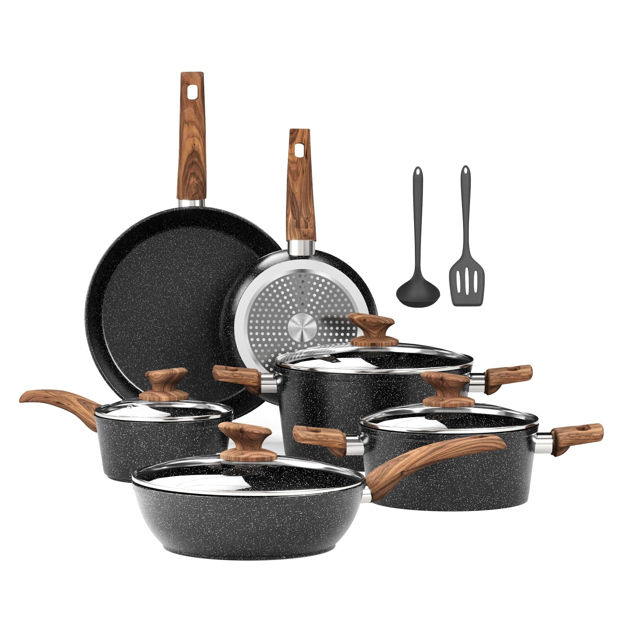 Kitchen Academy 12 Piece Pots and Pans Set Non Stick Cookware Sets, Healthy Black Granite Induction Kitchen Cookware (PFAS, PFOA, PFOS Free)