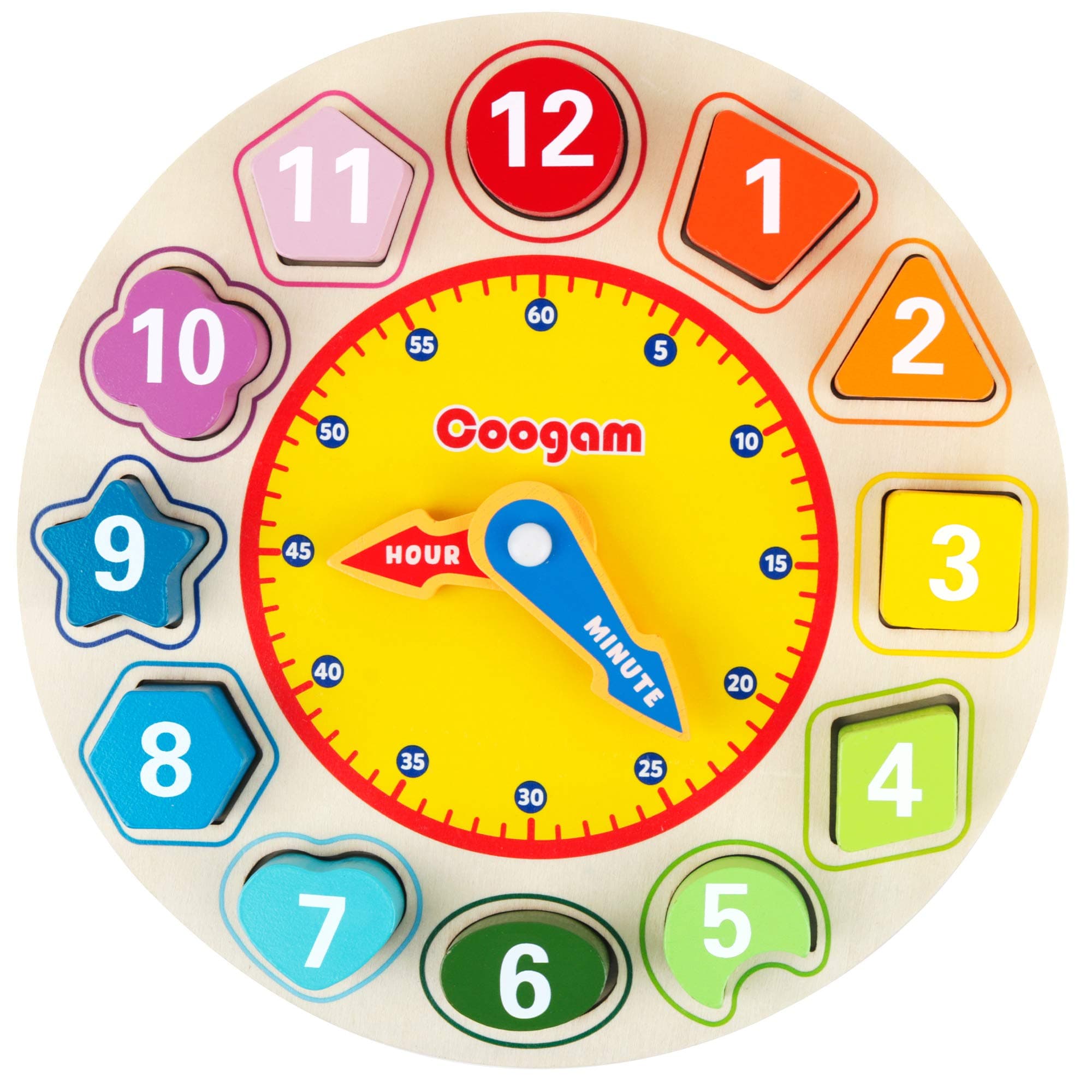 Coogam Wooden Learning Clock – Teaching Time Shape Sorting Number Blocks Puzzle Stacking Sorter Early Educational Toy Gift for Year Old Toddler Baby Kids