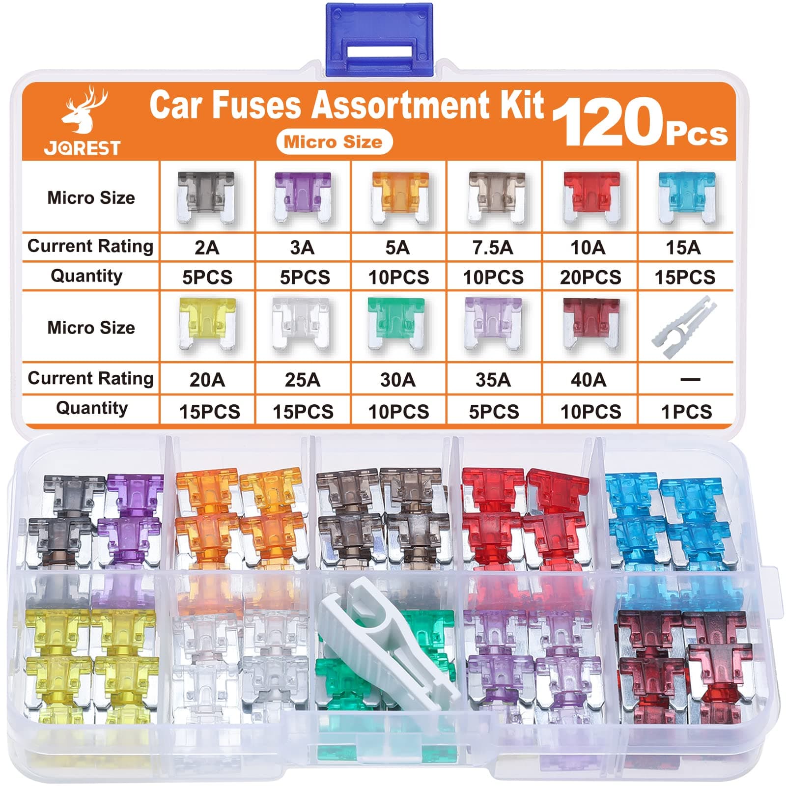 JOREST 120Pcs Micro Fuses, Low Profile Mini Fuse Kit, Micro Fuses Assortment Kit for Car/RV/Truck/Motor (2Amp 3A 5A 7.5A 10A 15A 20A 25A 30A 35A 40A) +1Blade Automotive Fuse Puller