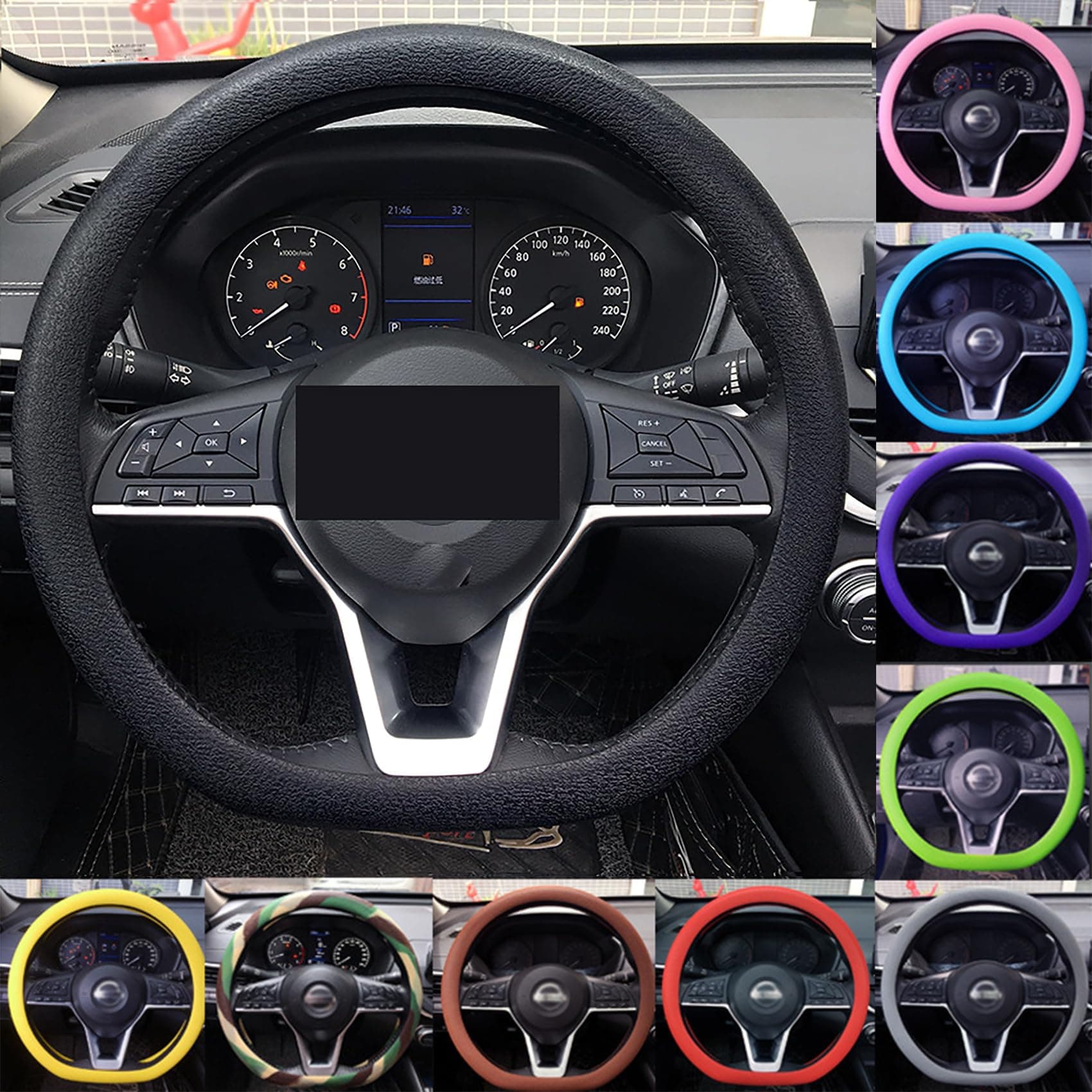 Cool Non-Slip Silicone Steering Wheel Protector, Car Steering Wheel Protective Cover, Silicone Material Car Steering Wheel Cover, Non-Slip Elastic Stretch Breathable (Black)