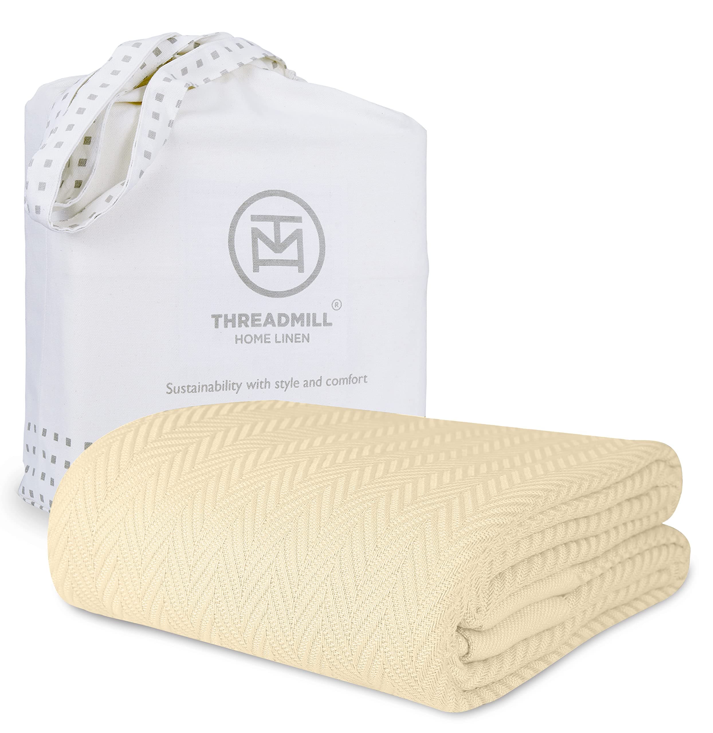 Threadmill 100% Pure Cotton, King Size Vanilla Cream Blanket - Herringbone Pattern, Soft & Cozy Premium Fall Throw Blanket for All Seasons, 350GSM & 106x92 with Free Tote Bag