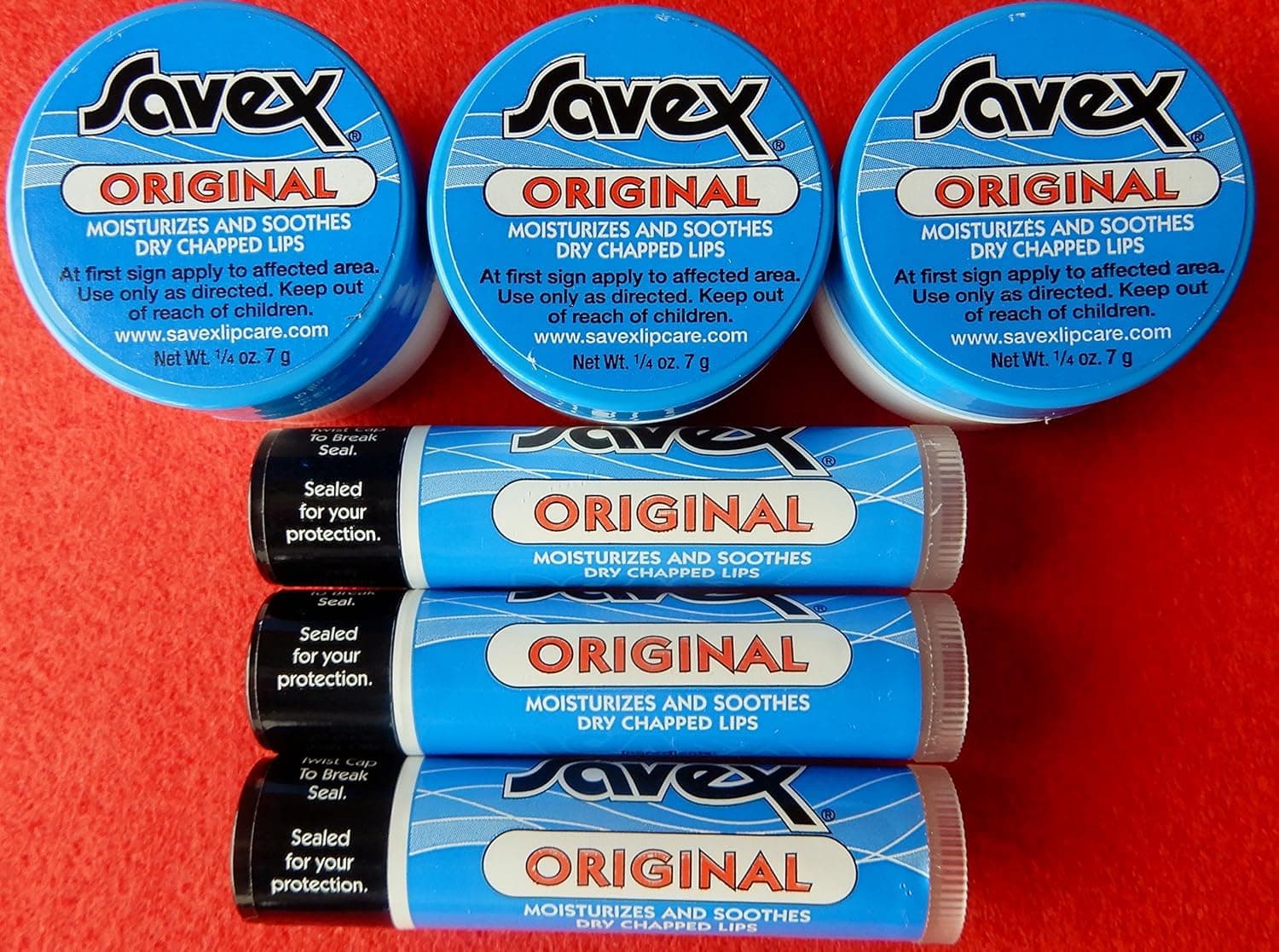 6 X SAVEX 3 ORIGINAL JARS & 3 STICKS LIP BALM FOR DRY & CHAPPED LIPS. MADED IN USA. UP-GRADE TO EXPEDITED MAIL. U.S. SELLER#