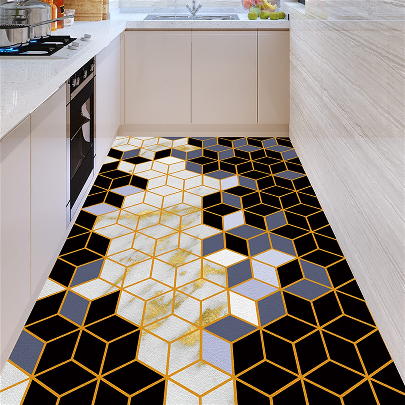 Modern Kitchen Rugs, Geometric Patterns Non Slip Leather Floor Mats, PVC Waterproof Outdoor Carpet, for Home Bedroom Living Room Bath Area Rugs, Customizable,70x1000cm