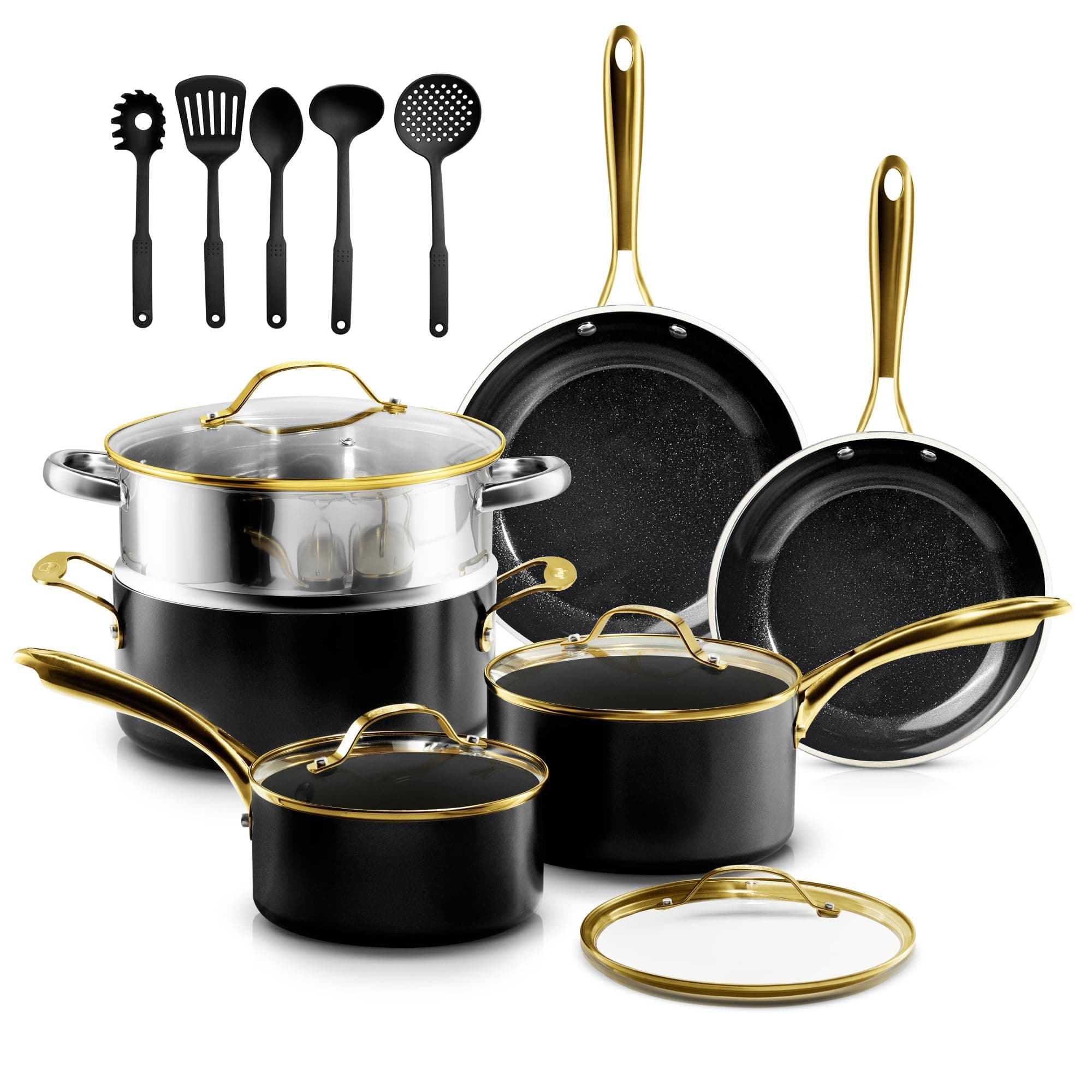 Gotham Steel 15 Pc Ceramic Cookware Set Nonstick, Ceramic Pots and Pans Set Non Stick with Steamer & Cooking Utensils, Non Toxic PFOA PFOS Free, Premium Stay Cool Handles, Oven & Dishwasher Safe
