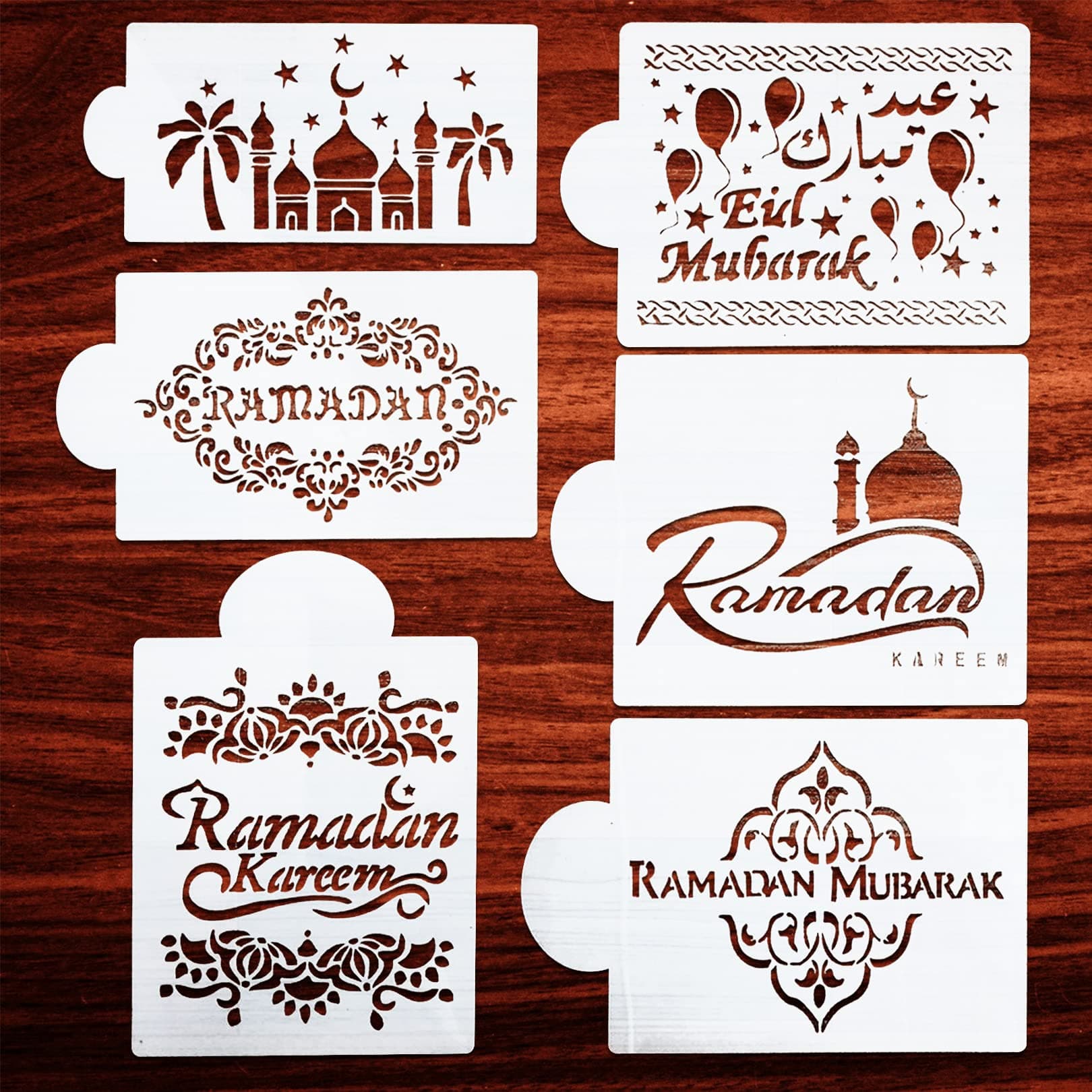 6PCS Mubarak Ramadan Stencils Template,Reusable Stencils for Crafts, Cake Decorations Stencils,Castle Star Moon Eid Stencils Template for Art Drawing Spraying on Wall Window Door Car Card 8 x 8inch
