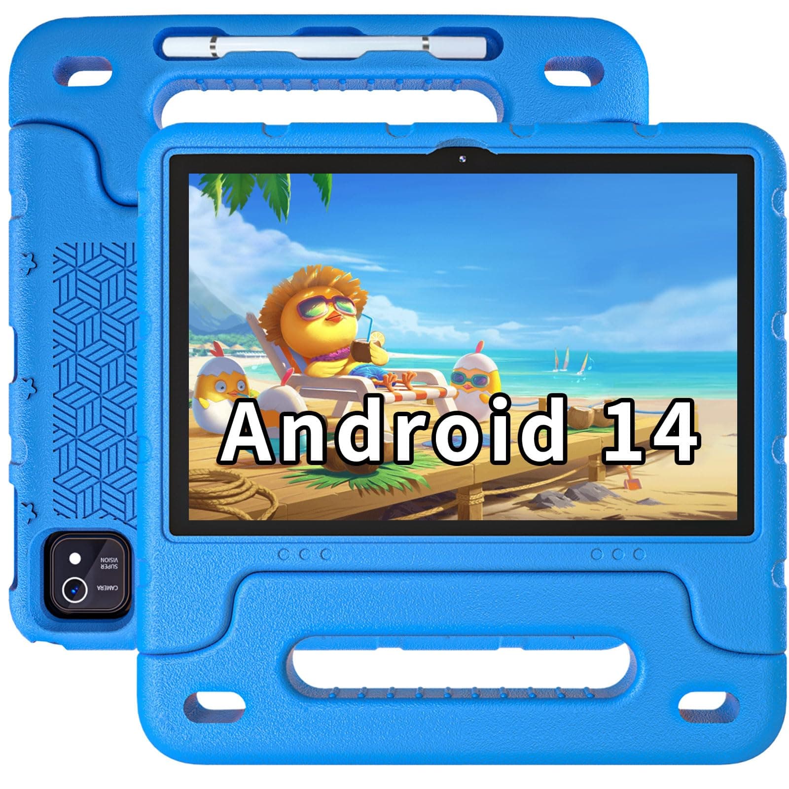 Kids Tablet Android 14 Tablet 10 inch Kids Tablets with Case Quad Core 64GB Dual Camera Parental Controls 2.4G WiFi Educational Tablets (Blue)
