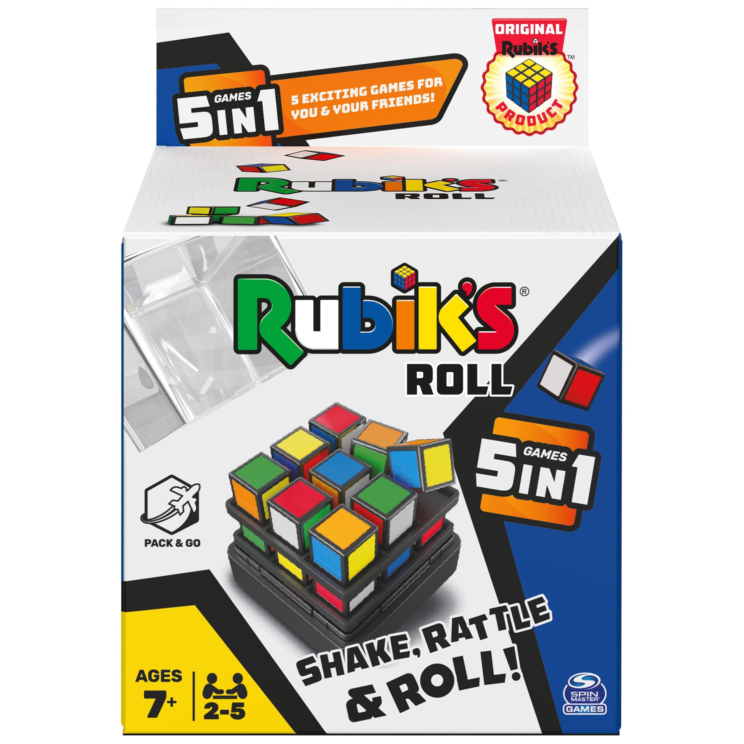 Rubik's Roll, 5-in-1 Dice Games Pack & Go Travel Size Multiplayer Colorful Road Trip Board Game, for Kids & Adults Ages 7 and up