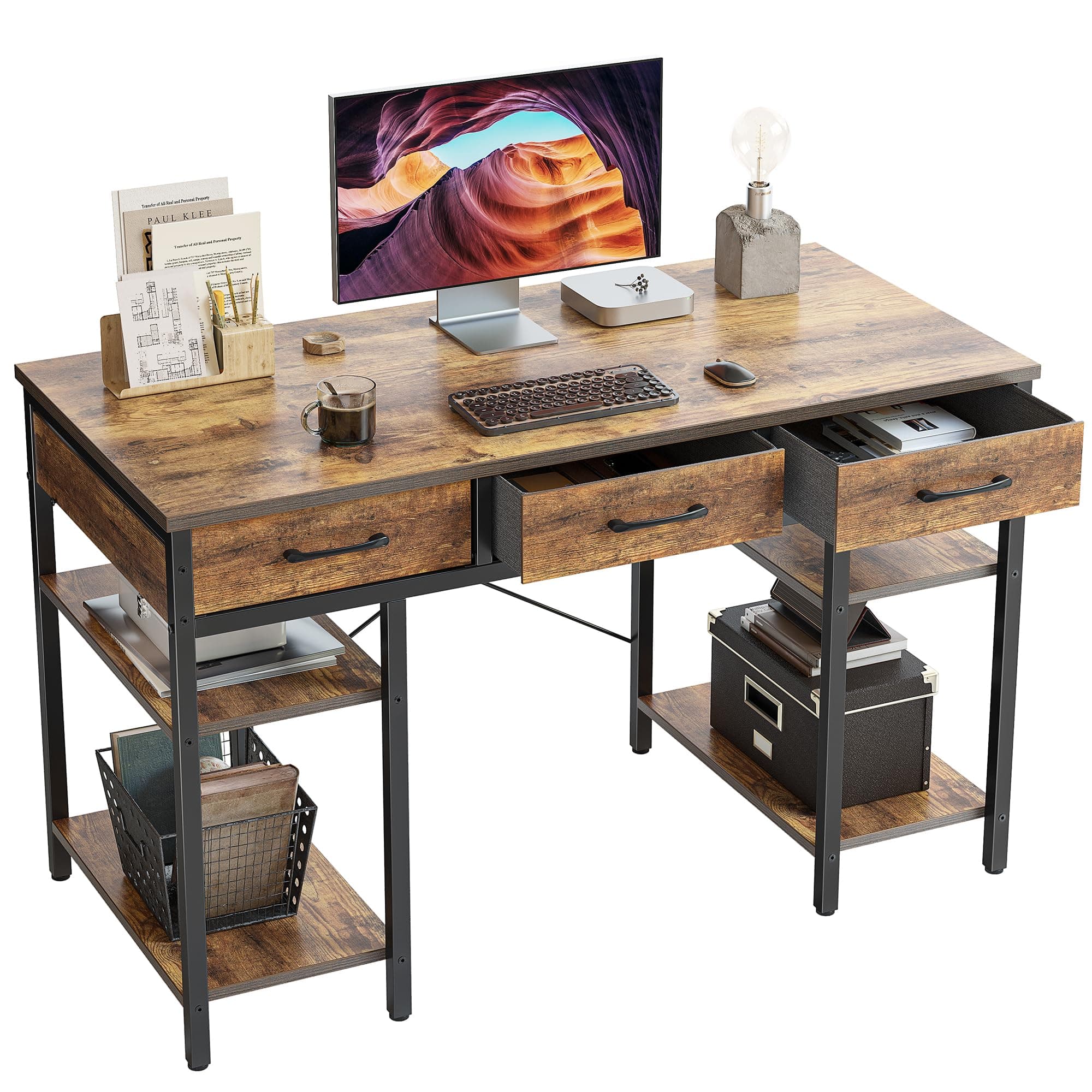 CubiCubi Computer Desk, Desk with 3 Drawers, Left and Right Rack, Width 47.2 x Depth 18.9 inches (120 x 48 cm), Study Desk, Brown